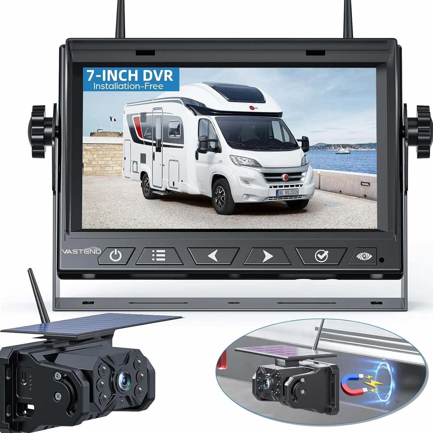 Retrocamera Auto Wireless Solare, Magnetica Telecamera Retromarcia con 10000mAh Batteria Ricaricabile, 7 Pollici 1080P Monitor, 170° Grand Angolare, per Camion, Auto, Roulotte(VS-7A)