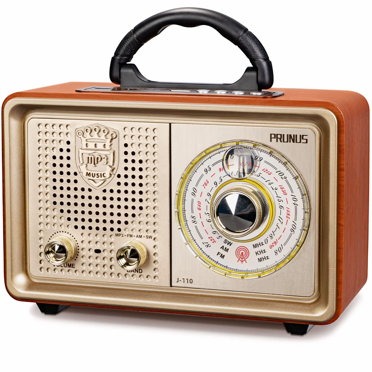 PRUNUS J-110 Radio Portatile Vintage FM AM SW, Radiolina Classico Legno con Bluetooth, Supporta TF/AUX/USB MP3 Player (Oro)