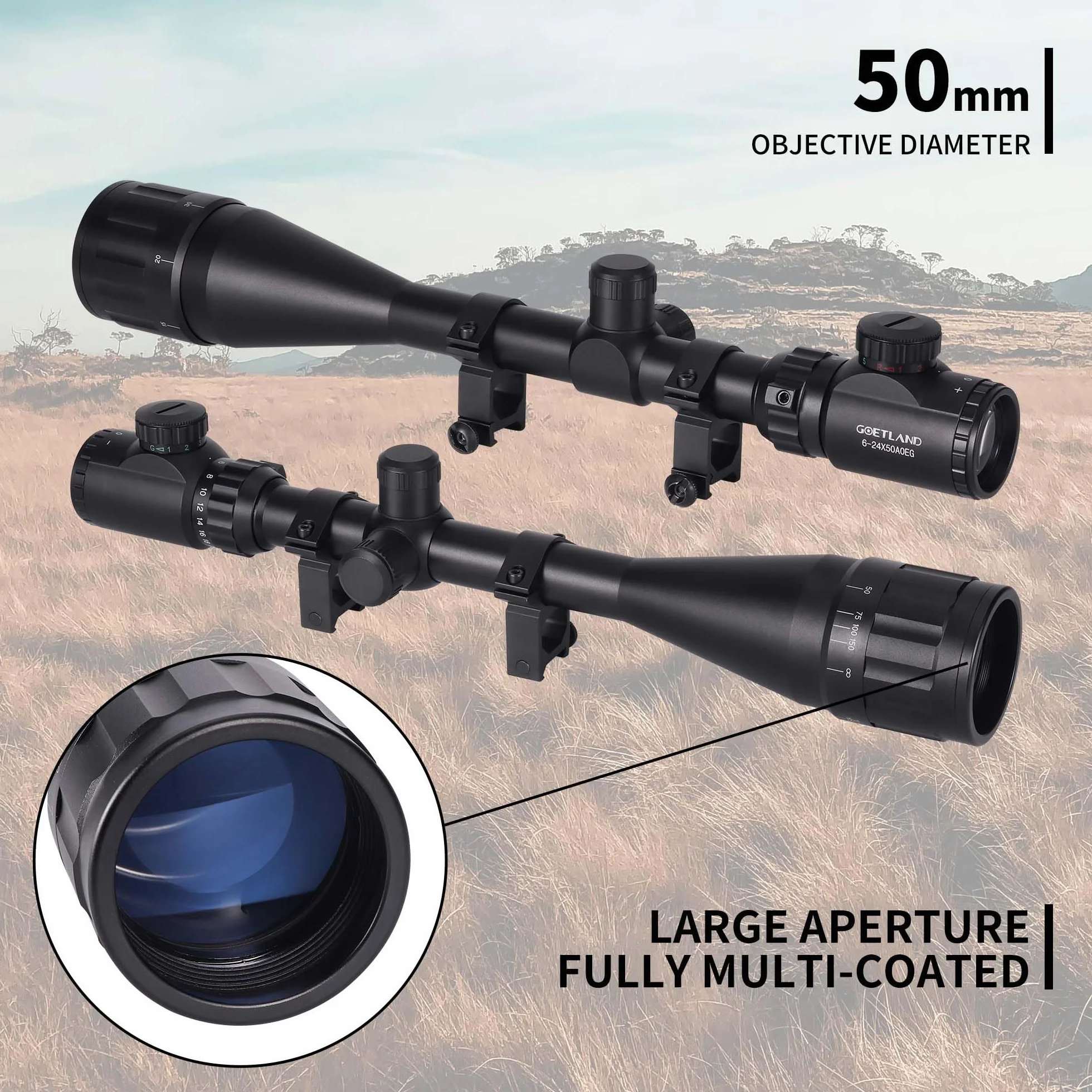 Goetland Lunettes de Visée 6-24x50 AOEG Télémètre Rouge Vert Bleu Illuminé SFP pour Chasse Airsoft Tir Sportif
