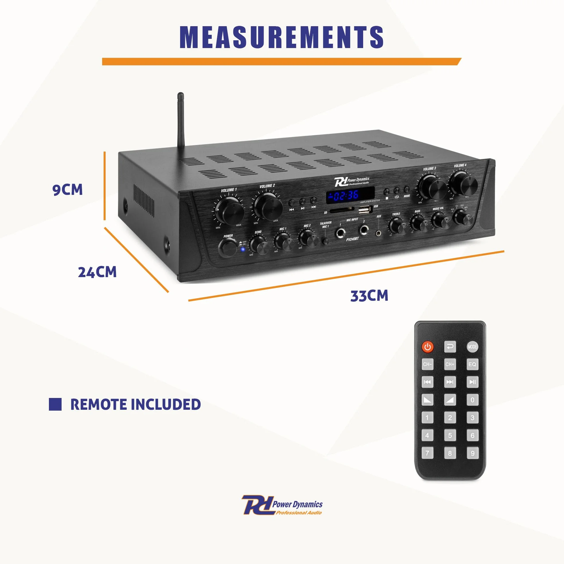 Power Dynamics PV240BT 4-zone versterker met Bluetooth, radio & mp3 speler, 8x 50W, Zwart