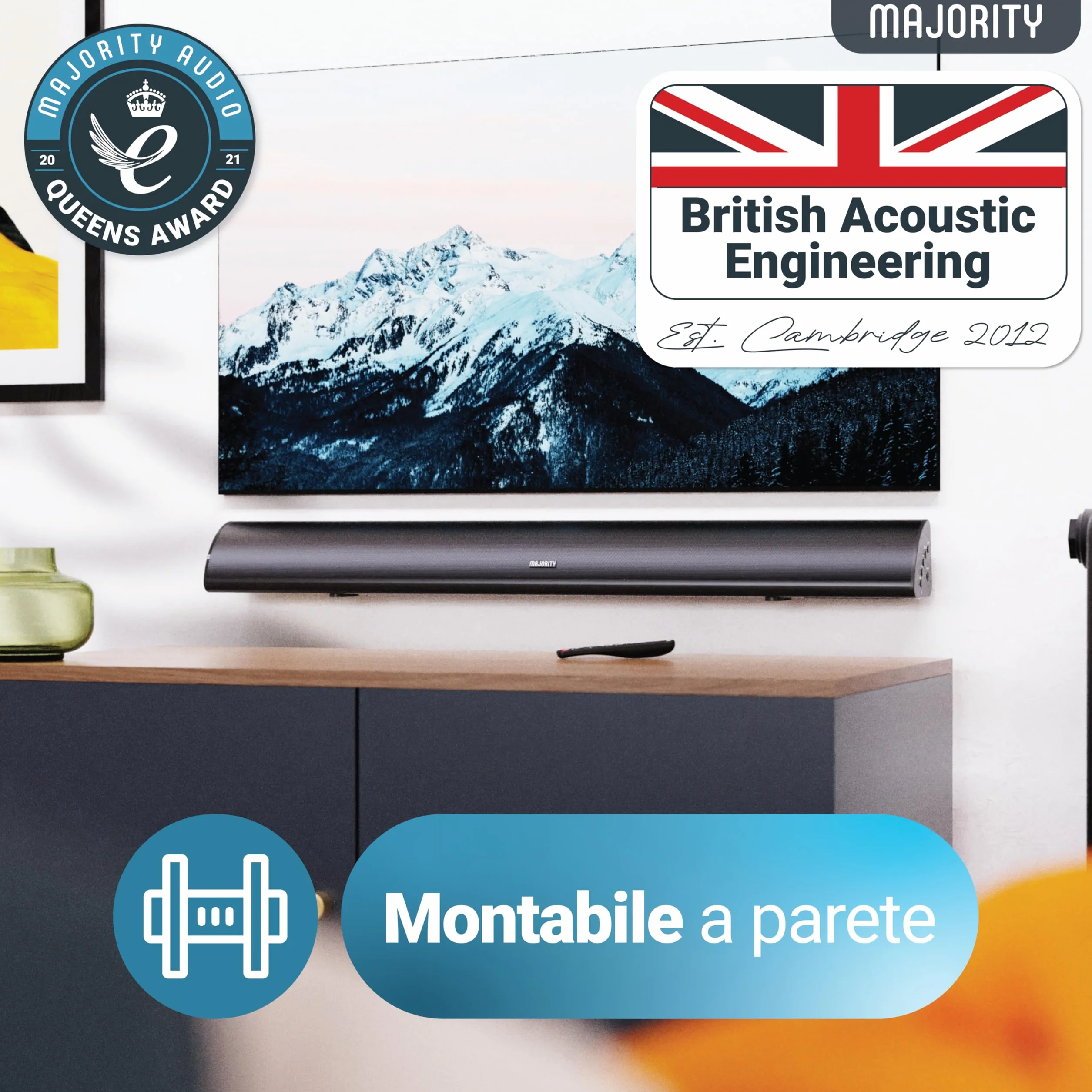 Majority Barra Soundbar TV con Subwoofer Integrato | 2.1 Home Theater | 120W Cassa TV Sound Bar | Casse Bluetooth con Connessione RCA, ottica e AUX | Altoparlanti Montabile a Parete Snowdon