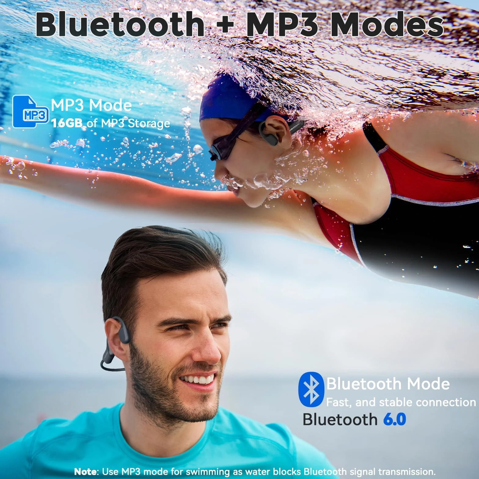 MONODEAL Cuffie Conduzione Ossea Subacquee per Piscina IPX8 Impermeabile Bluetooth 6.0 Auricolari MP3 Subacqueo 16G Auricolari Sport per Nuoto, Corsa