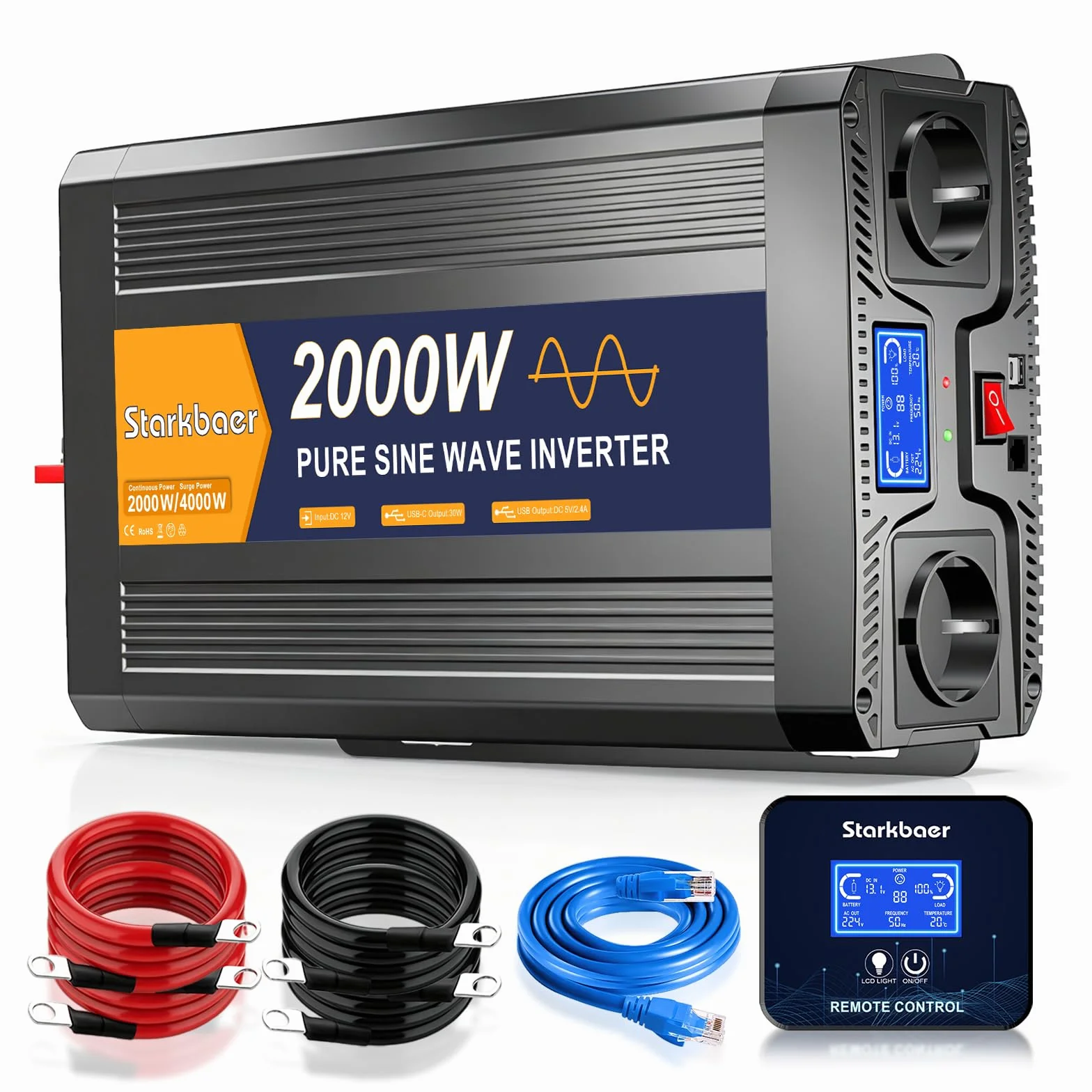 2000W/4000W Inverter 12V 220V Onda Pura, Trasformatore 220V 12V, Convertitore per Auto, Con schermo LCD, telecomando, presa CA e USB-C. Per camper, auto, solare, campeggio e blackout [Classe A+]