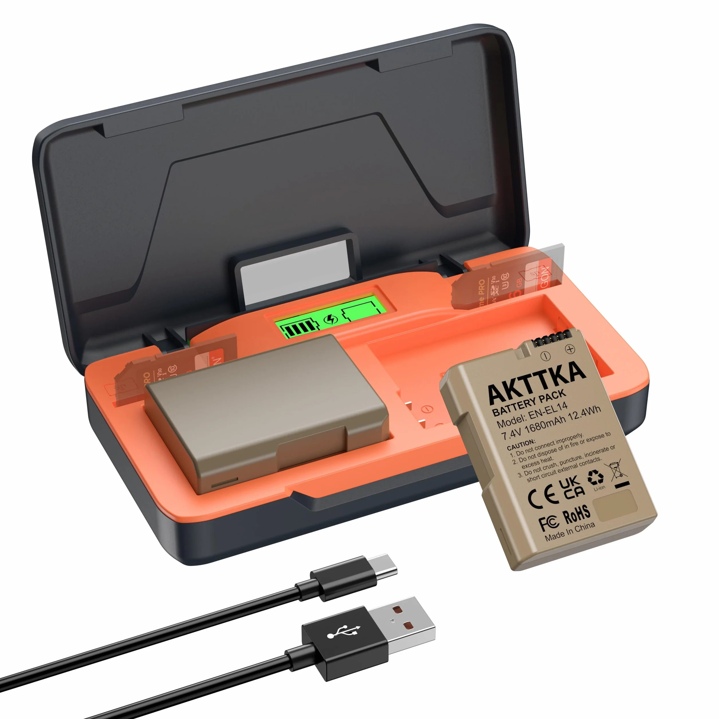 Batteria EN-EL14 per Fotocamera Nikon | Confezione 2X 1680mAh 7.4V con Caricatore Pieghevole 20W + Cavo USB-C | Compatibile con D3100/D3200/D5100
