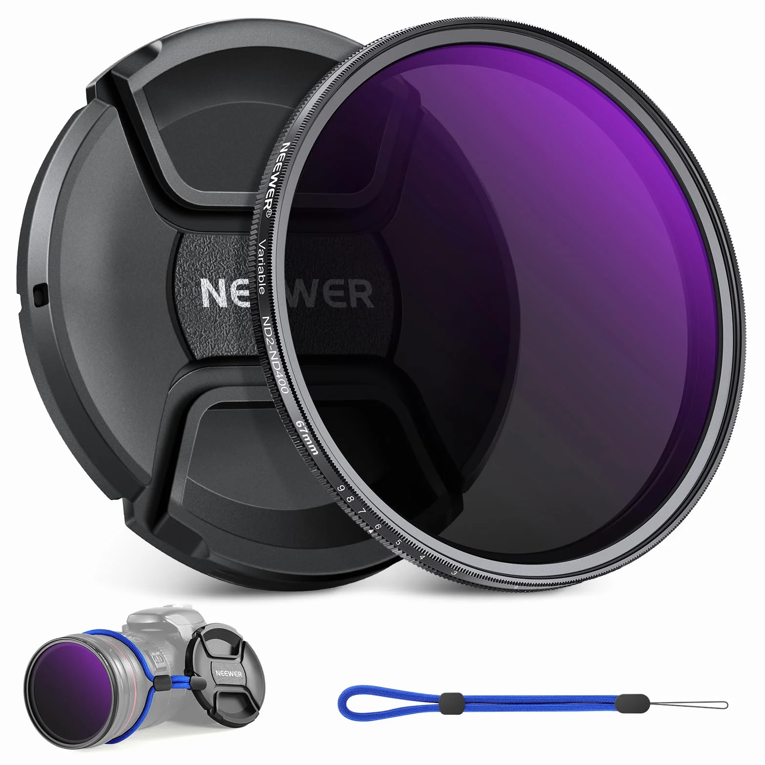 NEEWER 67mm Filtro ND2-ND400 Variabile (1-9 Stop) con Copriobiettivo, Cordino, Panno da Pulizia, Regolazione Precisa della Densità Neutra, Vetro Ottico Multistrato, Anti Impronte Digitali e Antigraffi