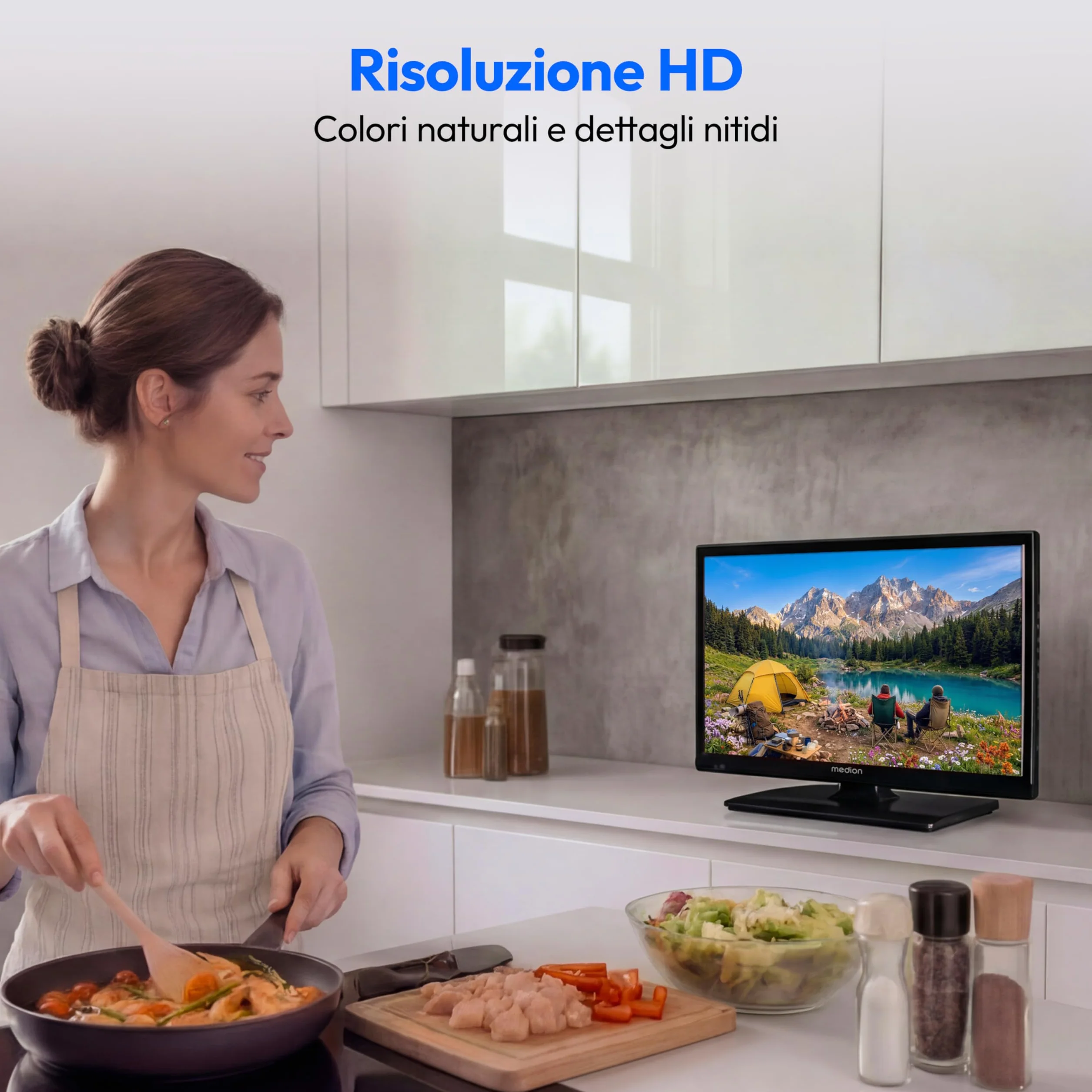 MEDION TV 19 pollici (47 cm) HD TV (perfetto per campeggio, camper, camion, giardino, adattatore per auto da 12 V, DVB-T2 HD, DVB-C, DVB-S2, HEVC, HDMI, USB, MD 819000)