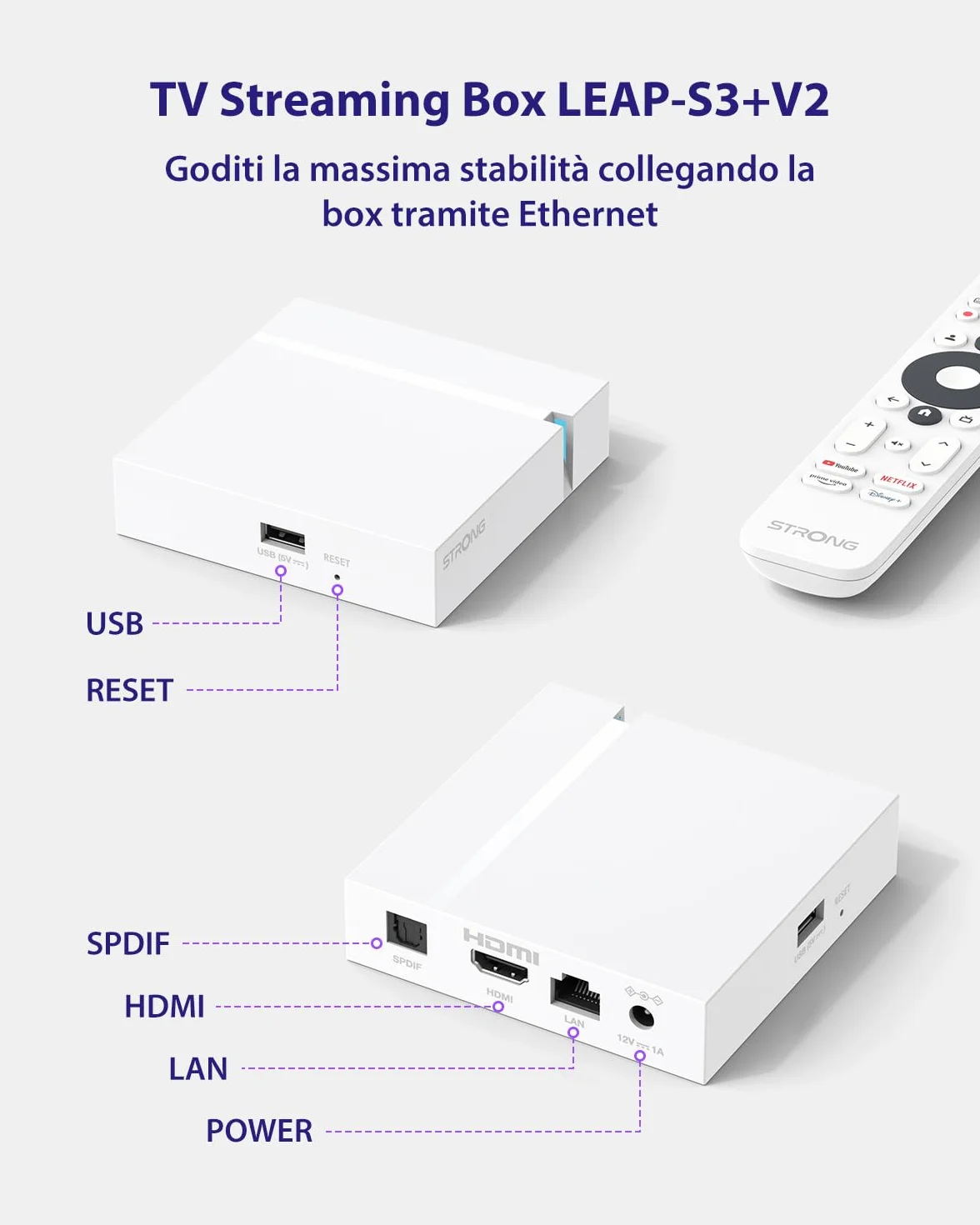 STRONG LEAP-S3+V2 Streaming Smart TV Box 4K UHD – 2GB RAM + 16GB Memoria, HDR10+ & Dolby Vision, WiFi 5 & BLE 5, Porta Ethernet (RJ45), Assistente Vocale, Bianco