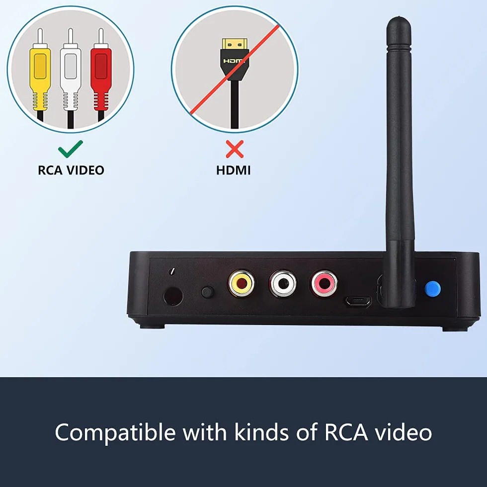 Trasmettitore e ricevitore audio wireless 2,4 GHz 8 canali RCA 480P mittente con estensione remota IR per cavo streaming, satellite, DVD a TV senza fili (MT-RCA20)