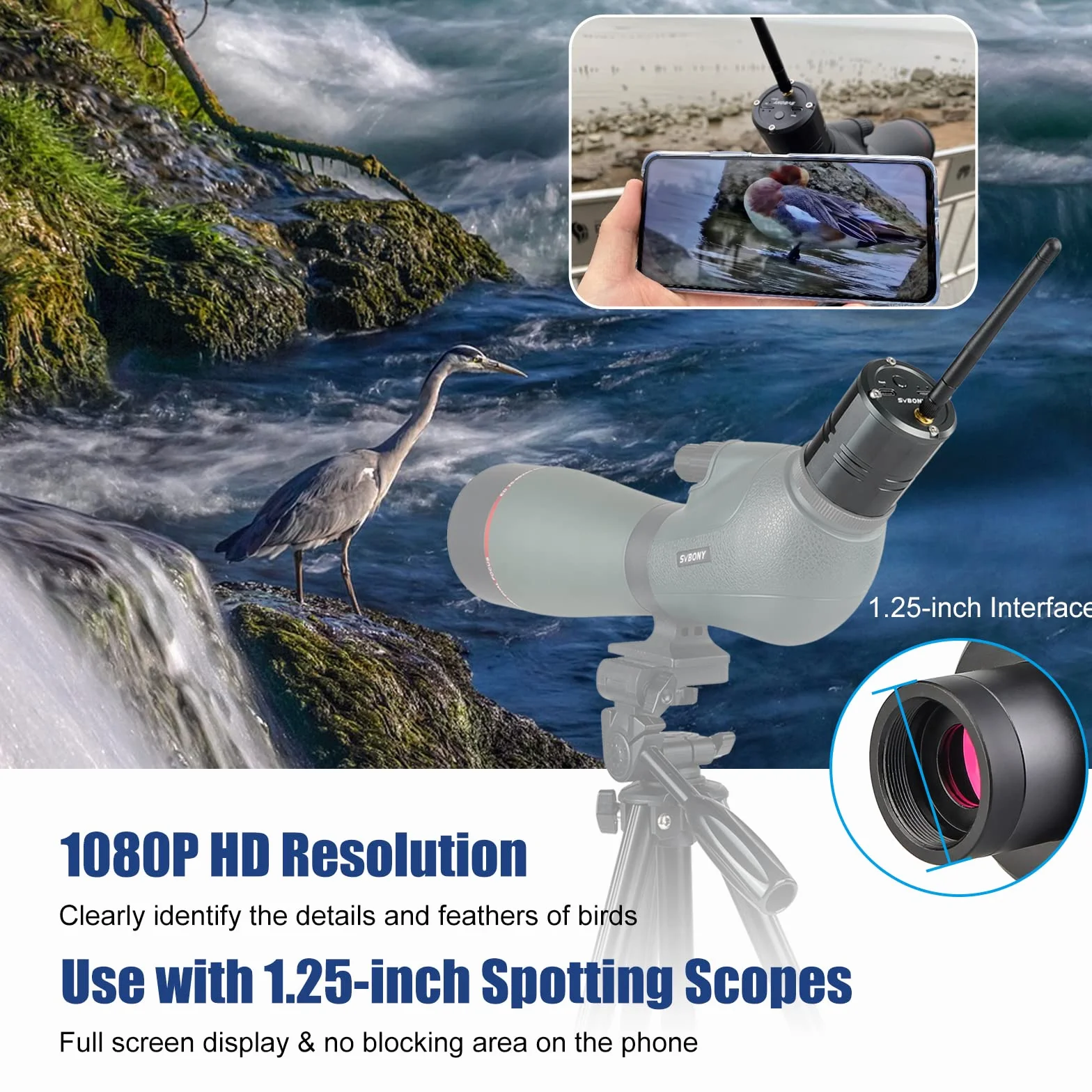 Svbony SC001 Telecamera WiFi Spectative Camera 2MP 1080P Wireless con scheda TF 32GB Telecamera oculare elettronica con supporto da 1,25" per fotografia di uccelli natura