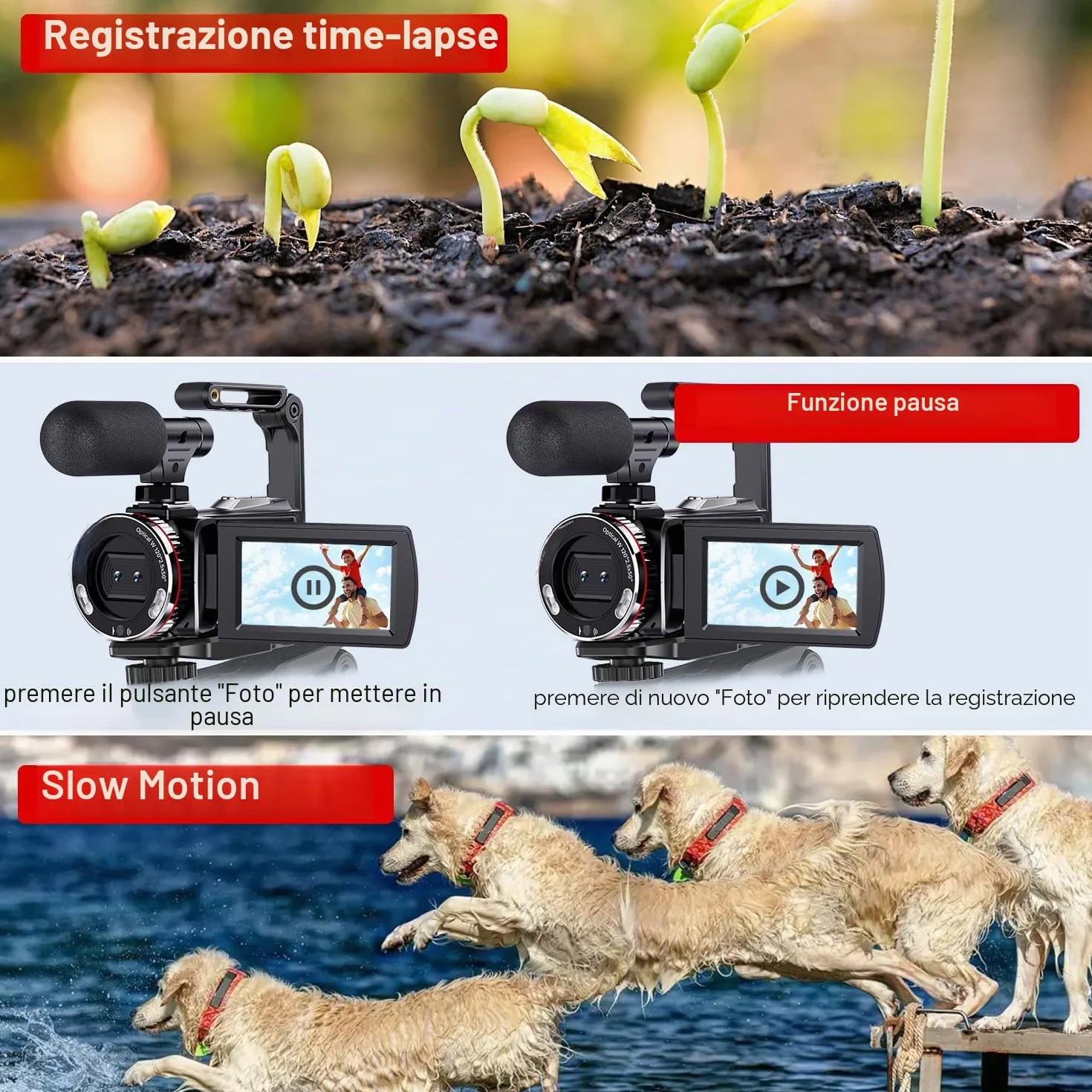 Videocamera 4K 64MP per YouTube, Dual Camera 3" Screen Girevole a 270°, Scheda 64GB, Microfono, Stabilizzatore, Telecomando, 2 Batterie