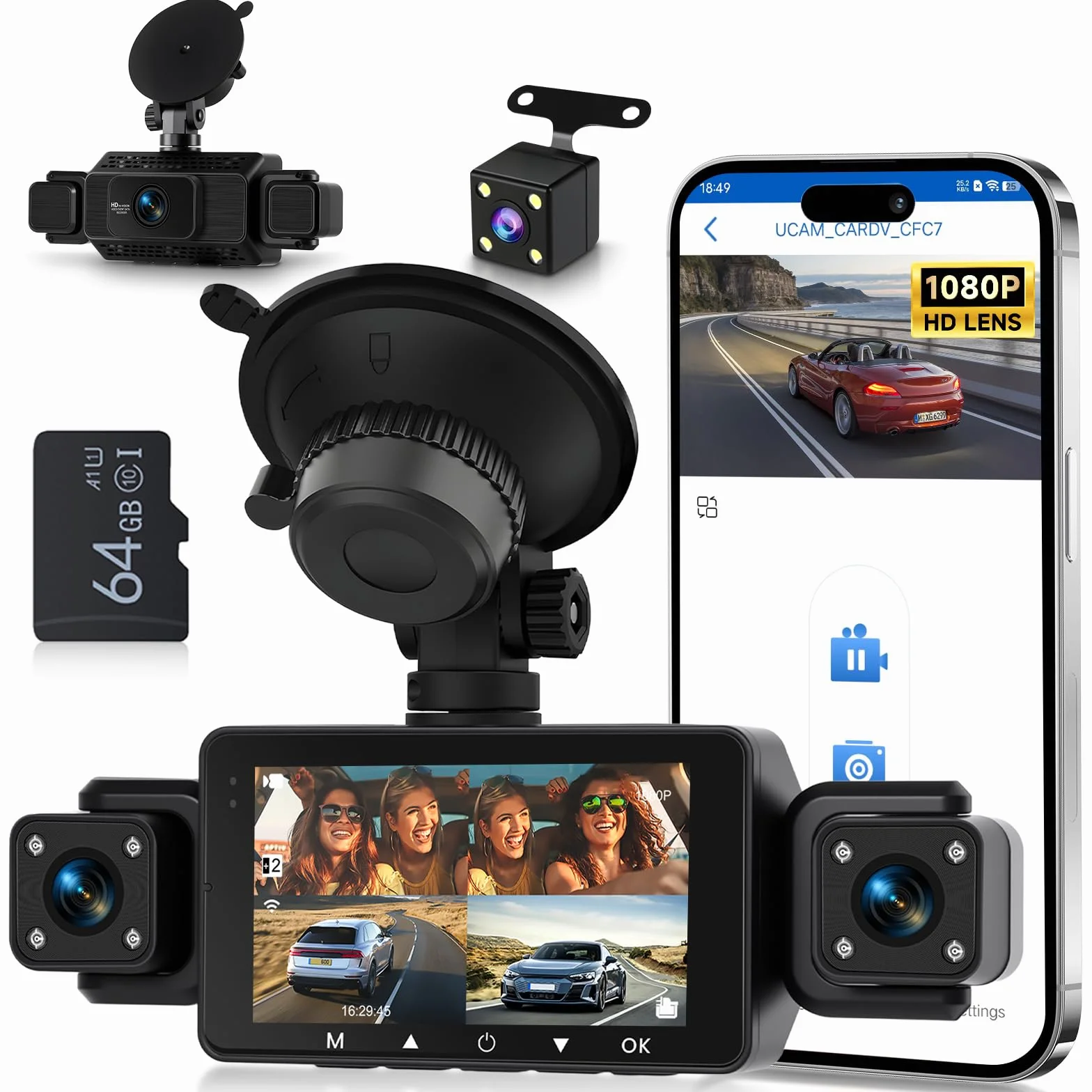 Hodozzy 1080P Dashcam Auto 360°, 4 Telecamere Anteriori e Posteriori, Visione Notturna IR, Schermo Tattile IPS 3", Registrazione in Ciclo, Sensore G, Visione Notturna, Assistenza alla Retromarcia