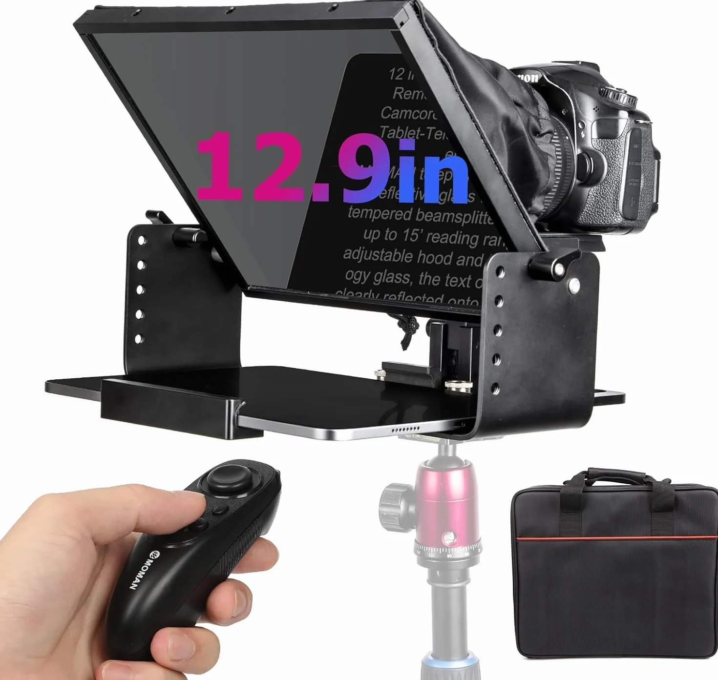 Moman MT12 Teleprompter 12.9 Pollici, Prompter Portatile con Telecomando APP e Controllo Remoto, Compatibile con iPad, iPhone, Tablet, Smartphone, Fotocamera DSLR (Supporto Metallico Regolabile)