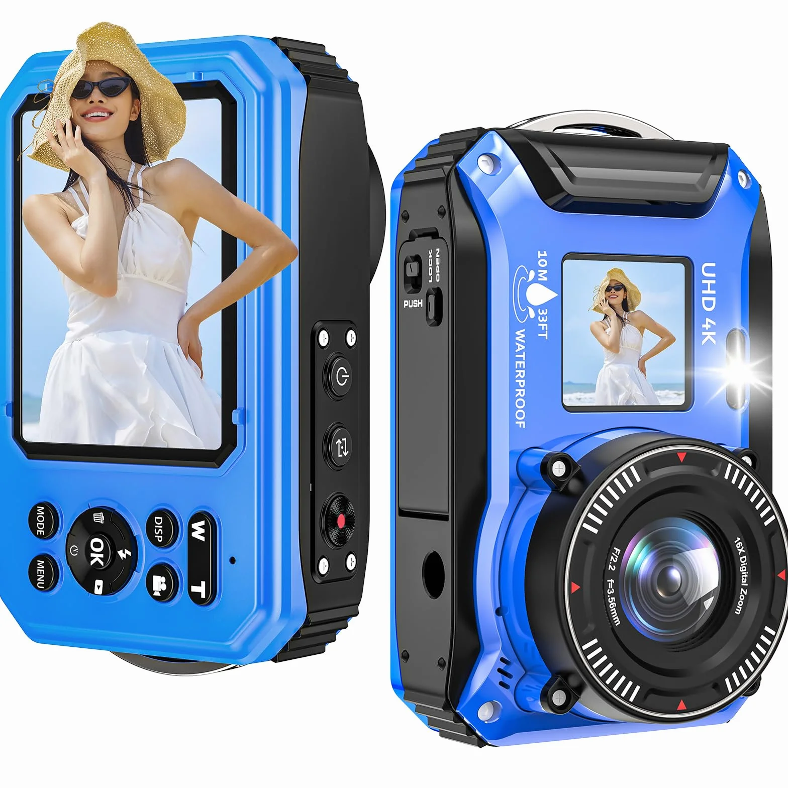 Fotocamera subacquea UHD 4K 64MP Autofocus fotocamera digitale impermeabile con una scheda 32GB selfie doppio schermo fotocamera impermeabile 33FT per snorkeling