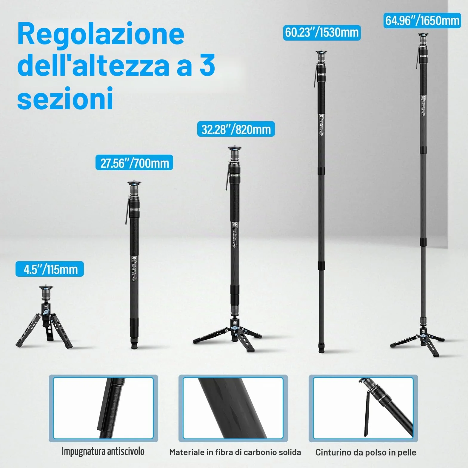 SIRUI SVM-165 - Monopiede per fotocamera con piedi per fotografia, 165 cm, in fibra di carbonio, monopiede con treppiede rimovibile, monopiede professionale per fotocamera DSLR, videocamera, carico