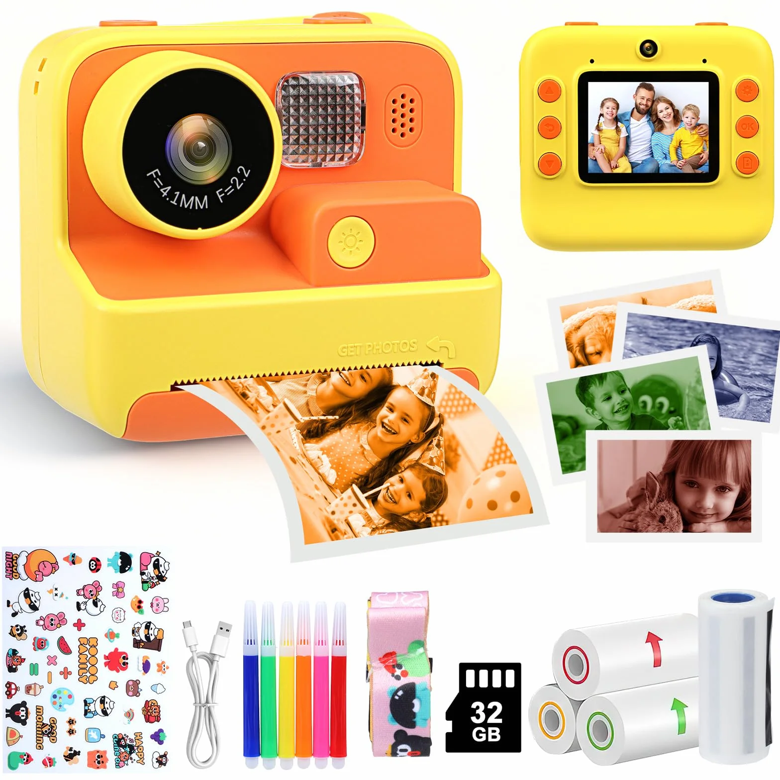 Fotocamera a colori per bambini con stampa istantanea, 1080P 4800W doppia fotocamera con scheda TF 32 GB, fotocamera digitale giocattolo videocamera regalo compleanno Natale per ragazzi ragazze