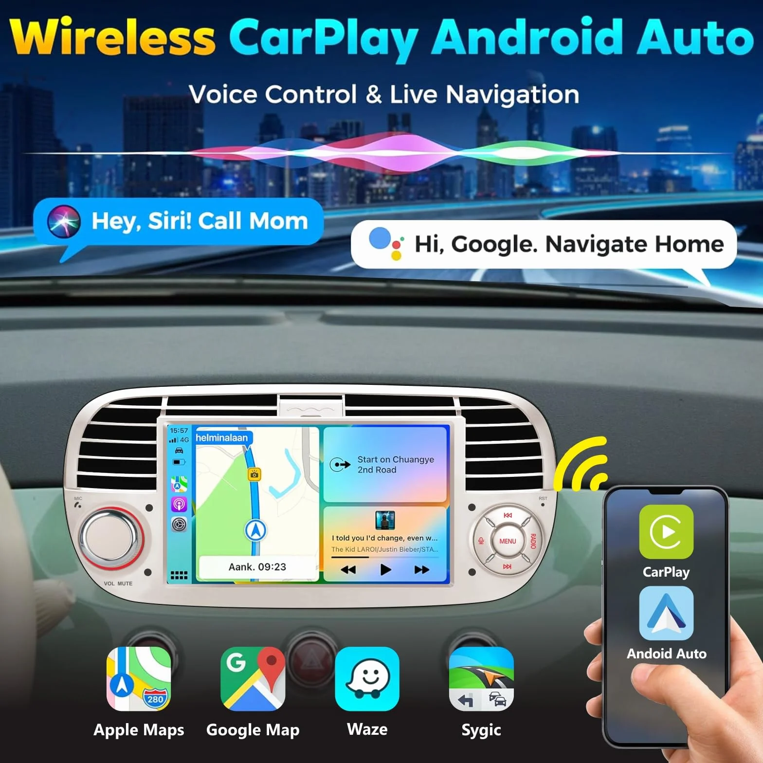 [Prestazioni Elevate] KTTCORLP Linux Autoradio per Fiat 500 2007-2015 Carplay Android Auto Bluetooth 5.0, Autoradio Fiat 500 da 7 pollici con touchscreen/FM/AM/USB/DPS/RDS/Mirror Link-bianco