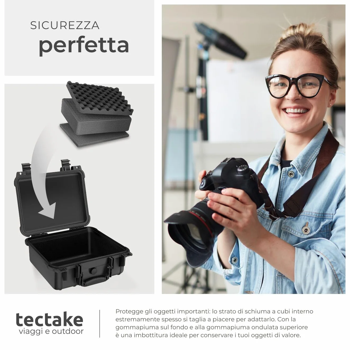 tectake® Valigetta Universale per Fotocamera, Custodia Macchina Fotografica, Leggera, Robusta, Porta Macchina Fotografica, Valigetta Impermeabile Rigida, IP55 - dimensioni interne 37,5x27x15,5 cm