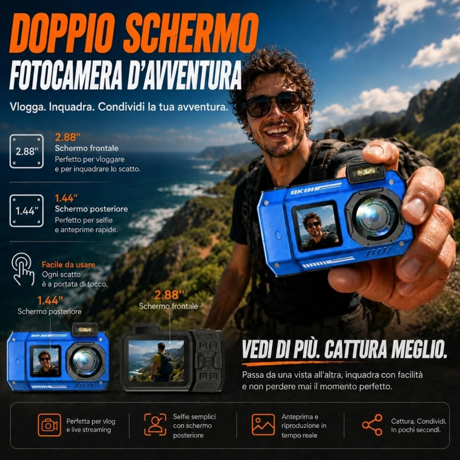 MaxMango D50 33FT Macchina Fotografica Subacquea Impermeabile, 8K 70MP Fotocamera Digitale con 16 GB di Scheda, Doppio Schermo 2.8'' per Selfie, 18x Zoom, Resistente a Polvere e Urti per Snorkeling
