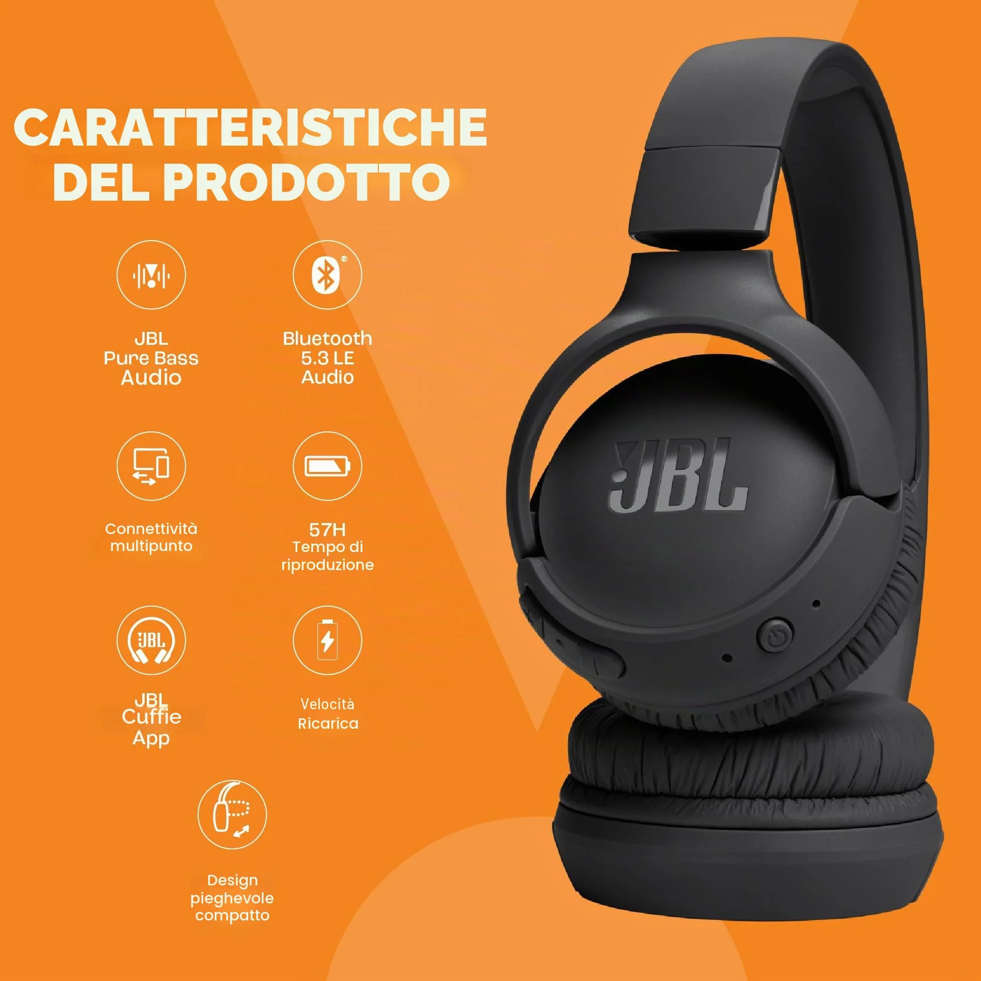 JBL Tune 520 BT Cuffie On-Ear Bluetooth Wireless, Pieghevoli e Leggere, Microfono e Comandi su Padiglione con Voice Aware, JBL Pure Bass, Connessione Multipoint, fino a 57 ore di Autonomia, Nero