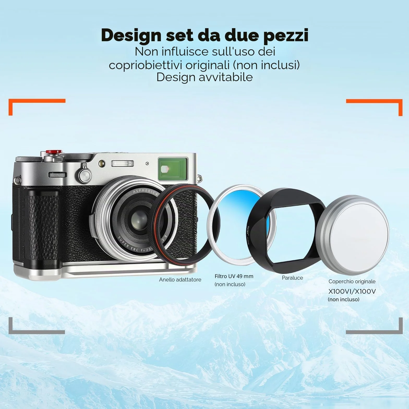 Haoge LH-X54B - Paraluce quadrato in metallo con anello adattatore da 49 mm, per fotocamera Fujifilm Fuji X100V, colore: Nero