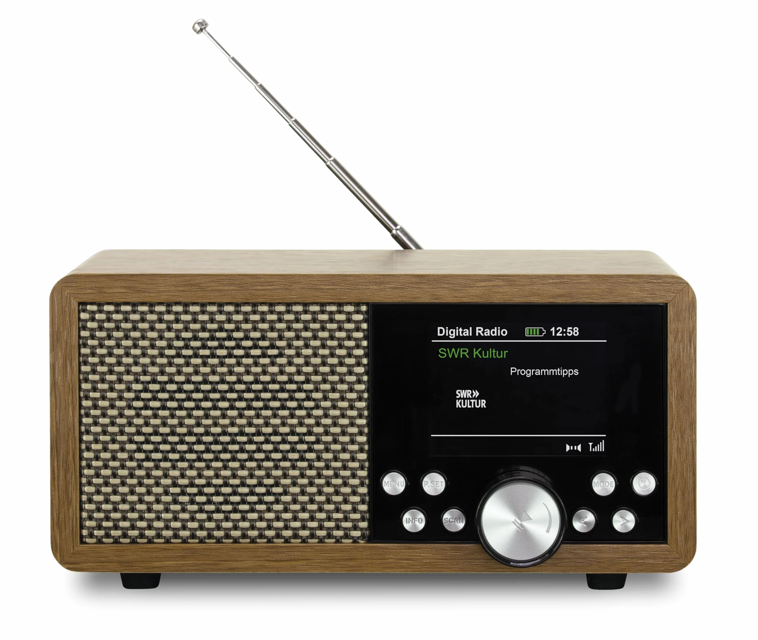Dynavox DBT600 DAB+ Radio/digitale FM, portatile, ideale come radio da cucina/bagno/ufficio, sveglia, BT, display TFT, funzionamento a rete o batteria, USB/Micro-SD, decorazione in legno marrone