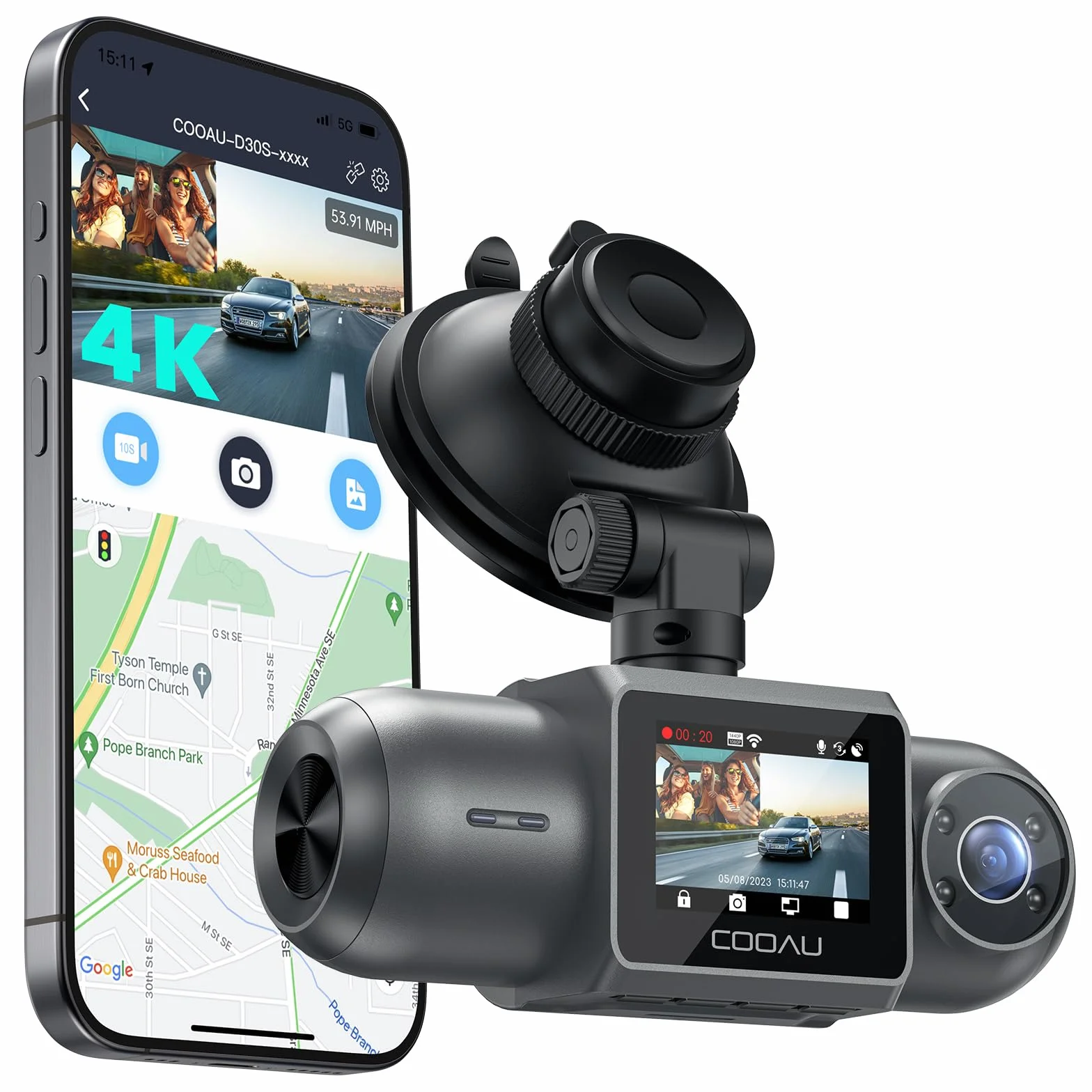COOAU D30S 4K Dash Cam Auto con GPS Wi-Fi - Doppia Dashcam Auto Anteriore e Interna 2.5K 1080P, Con Visione Notturna a Infrarossi, Sensore G, Modalità Parcheggio, Registrazione in Loop