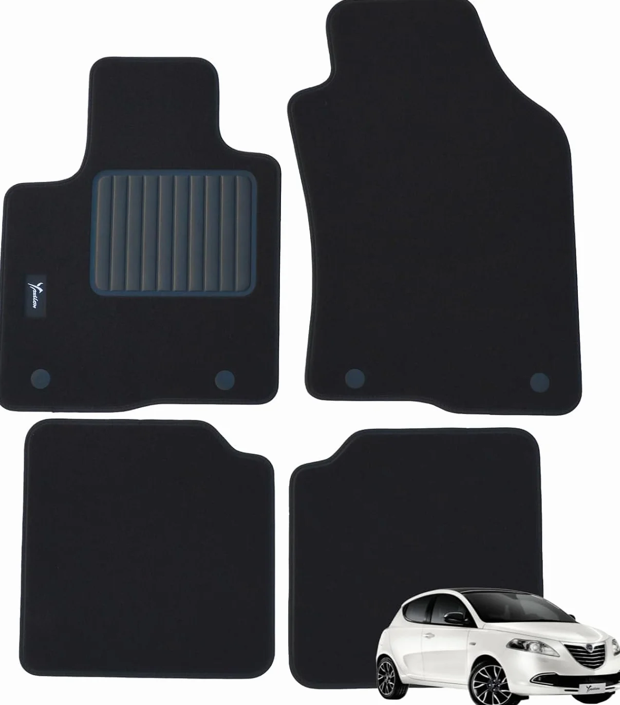 Tappetini per Lancia New Ypsilon dal 2011, moquette di alta qualità, 2 Pin di Sicurezza, Battitacco in gomma, Made In Italy