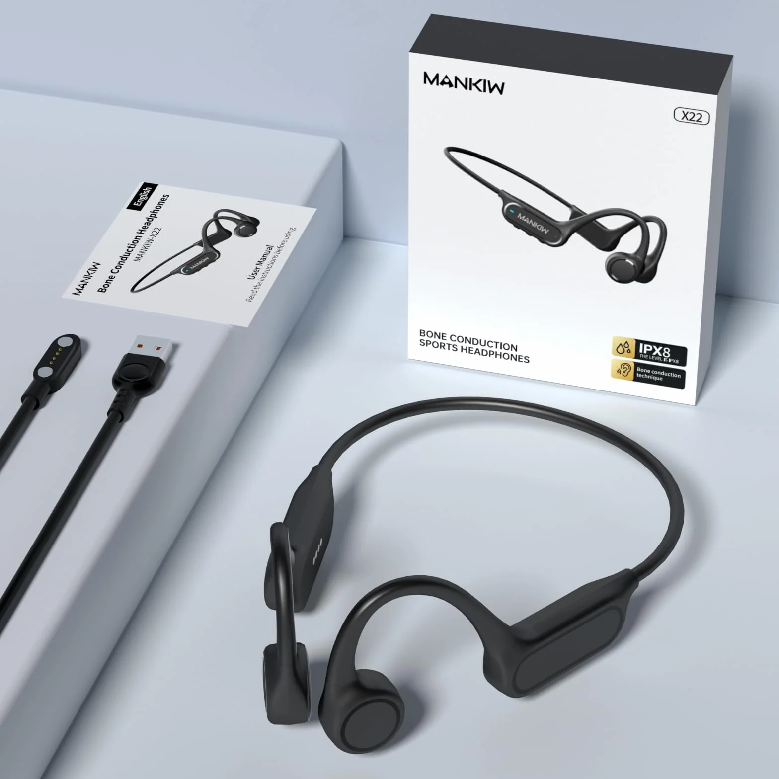 MANKIW Cuffie Nuoto Conduzione Ossea IP68, Auricolari Bluetooth 5.4 con 32GB MP3, Open Ear Impermeabili per Nuoto, Sport
