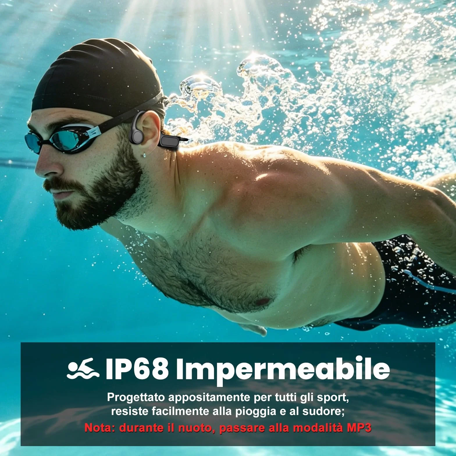 MANKIW Cuffie Nuoto Conduzione Ossea IP68, Auricolari Bluetooth 5.4 con 32GB MP3, Open Ear Impermeabili per Nuoto, Sport