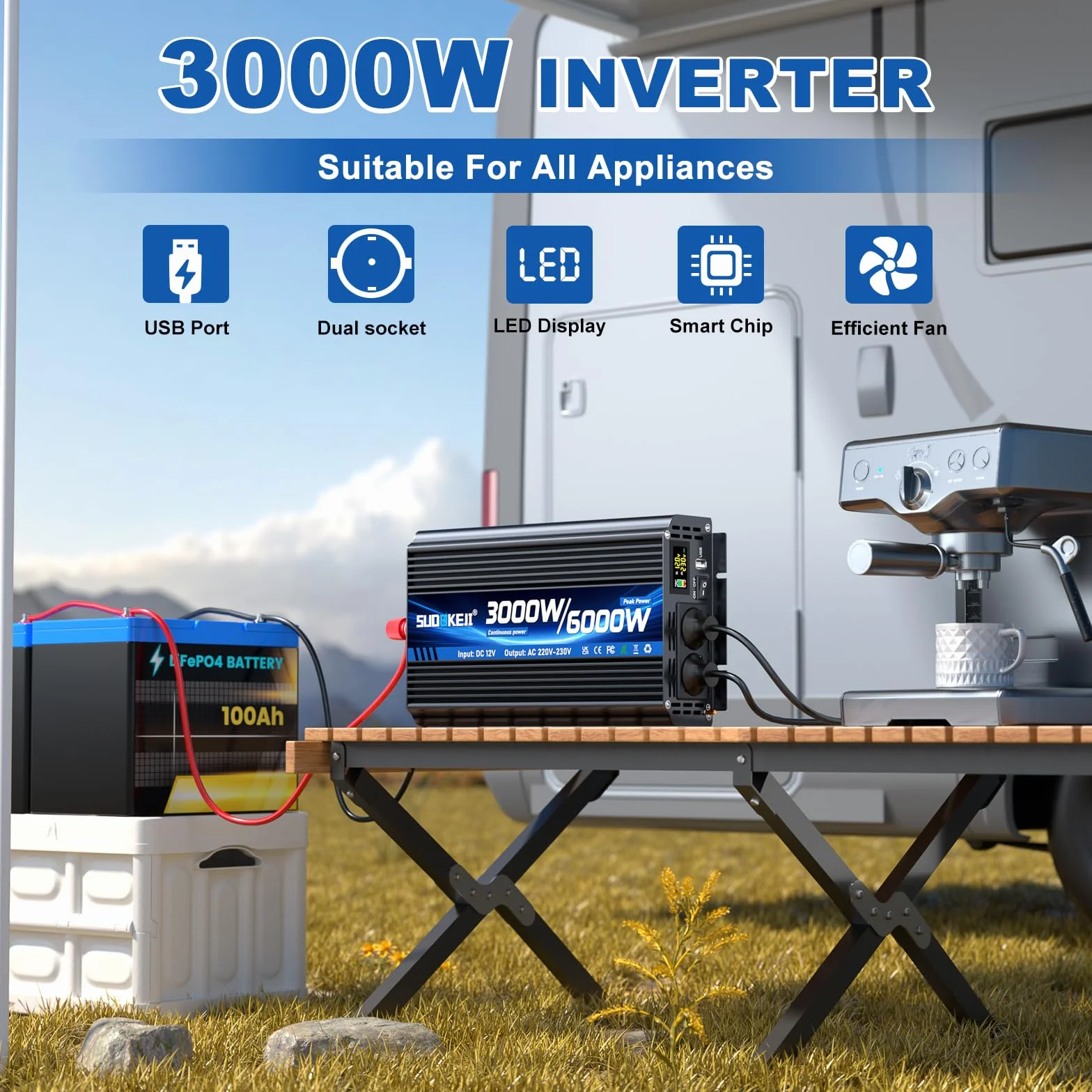 Inverter 12 V 230 V 3000 W/6000 W convertitore di tensione modificato Sinus Wave Inverter con 2 prese AC e porta USB e Type-C per auto camper veicoli