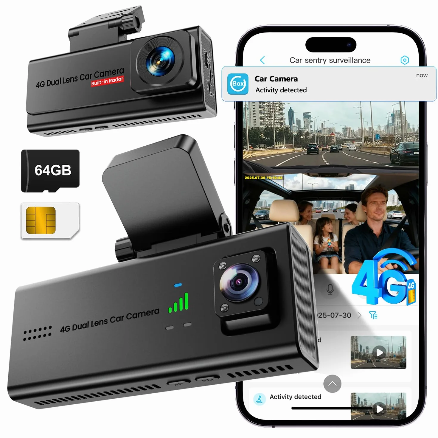 Dash Cam Auto 4G LTE con SIM, Telecamera Auto Atti Vandalici, Parcheggio 24/7, Allerte Istantanei, Live-Video & Audio Bidirezionale, GPS, Cloud & SD, Visione Notturna, Anti-Furto per Flotte & Famiglie