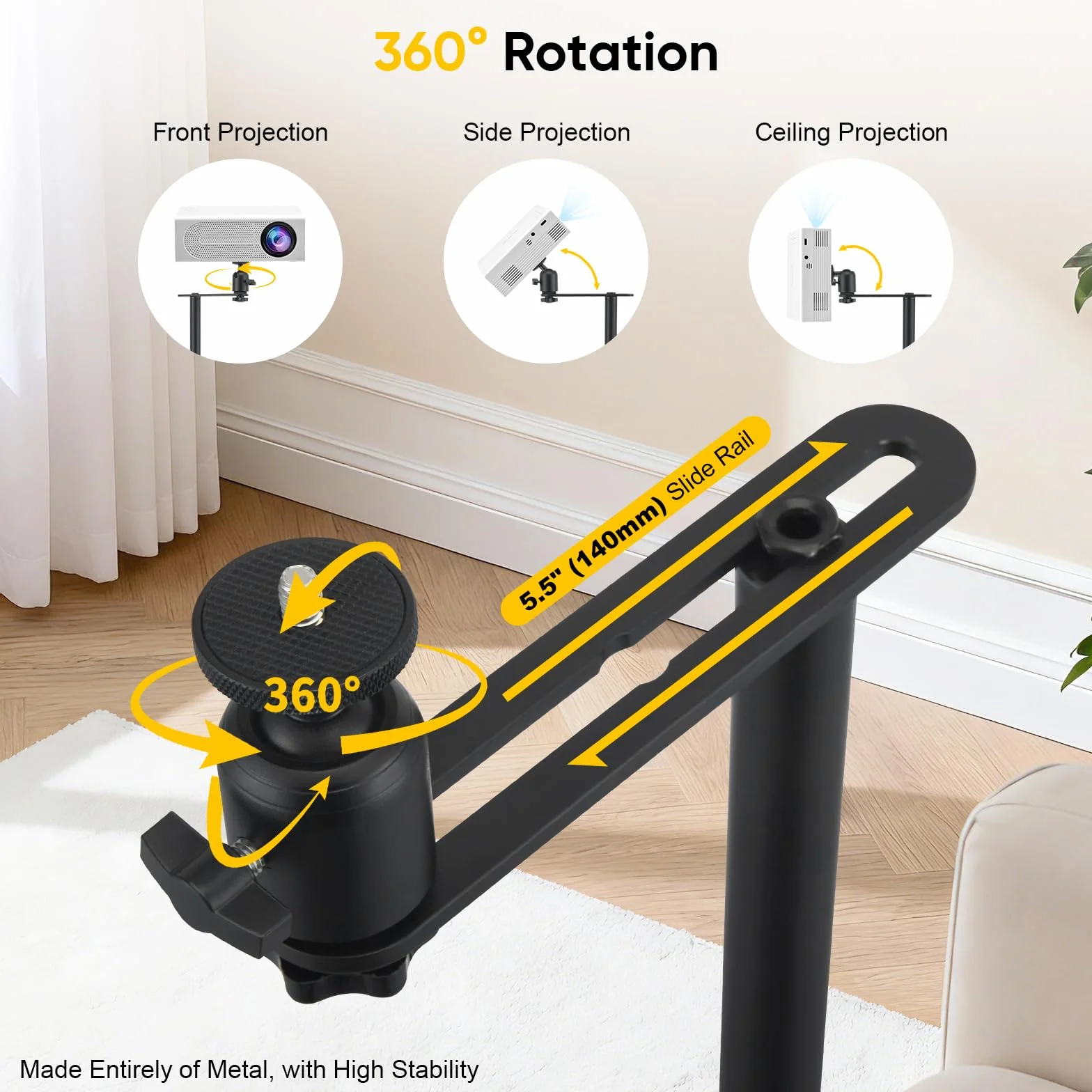 Beamerstandaard, Projectorstandaard, Bank Tegen de Muur, Verborgen Projector Vloerstandaard met in Hoogte Verstelbaar 30-130cm, 360° Draaibaar, Draagvermogen tot 5kg, voor Thuis Kantoor Podium Studio