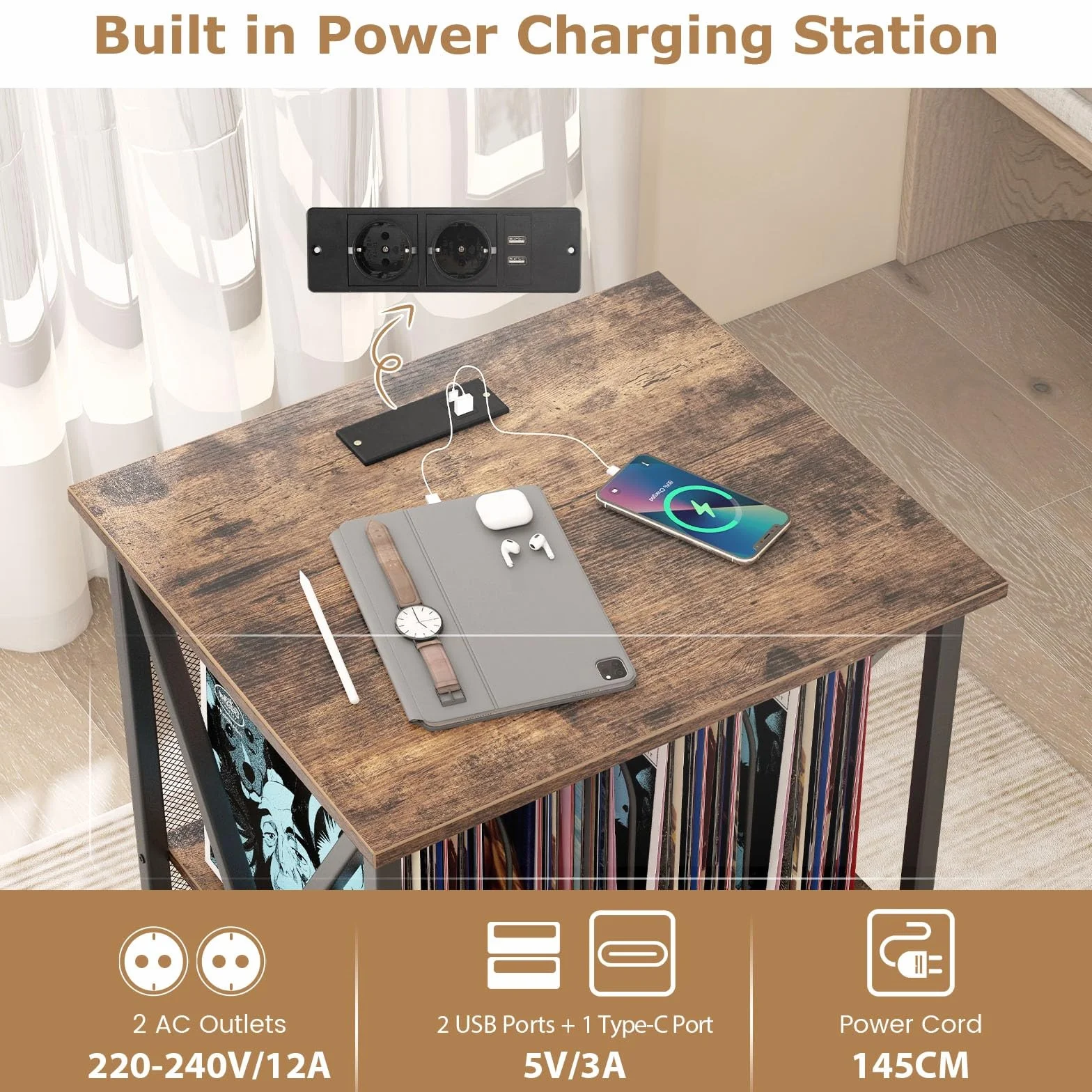 LIFEZEAL Mobile Giradischi e Porta Vinili, Supporto per Giradischi, Carrello con Ruote Bloccabbili per CD, Tavolino a 3 Ripiani per 250 Album, Legno+Metallo, Peso Max 90kg, 52x45x75 cm, Marrone