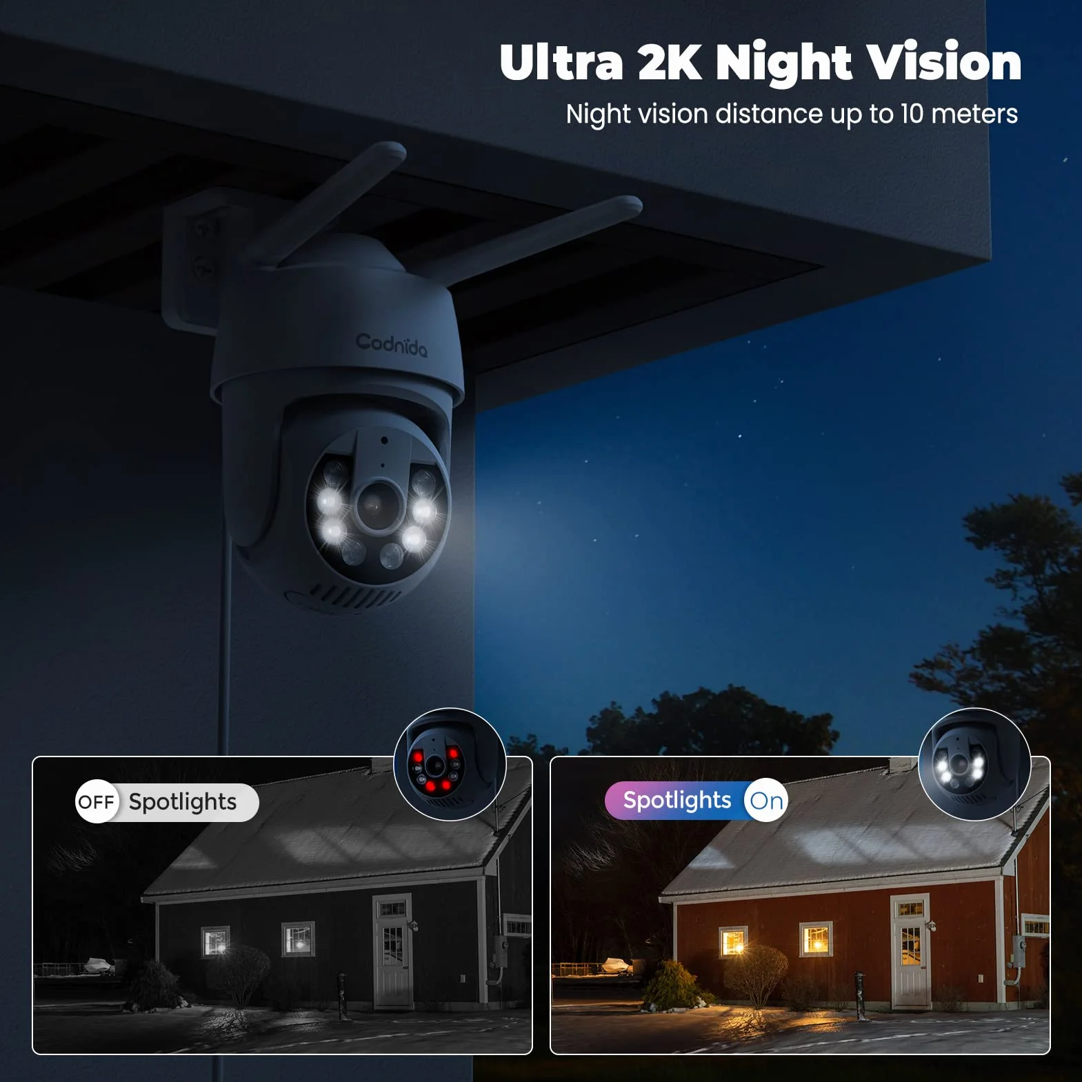 2K Telecamera Wi-Fi Esterno con vista a 360°, Codnida 3MP Videocamera Sorveglianza con fili PTZ Telecamera con Visione Notturna, Tracciamento Automatico del Movimento,Allarme Sonoro e Luminoso