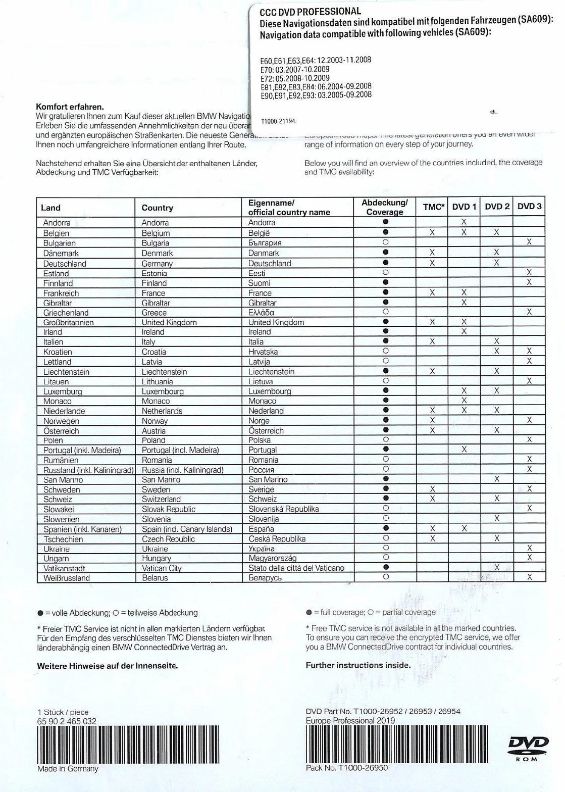 BMW Navigatore DVD 2019 Europa Professional Mappe Serie 1,3 e 5