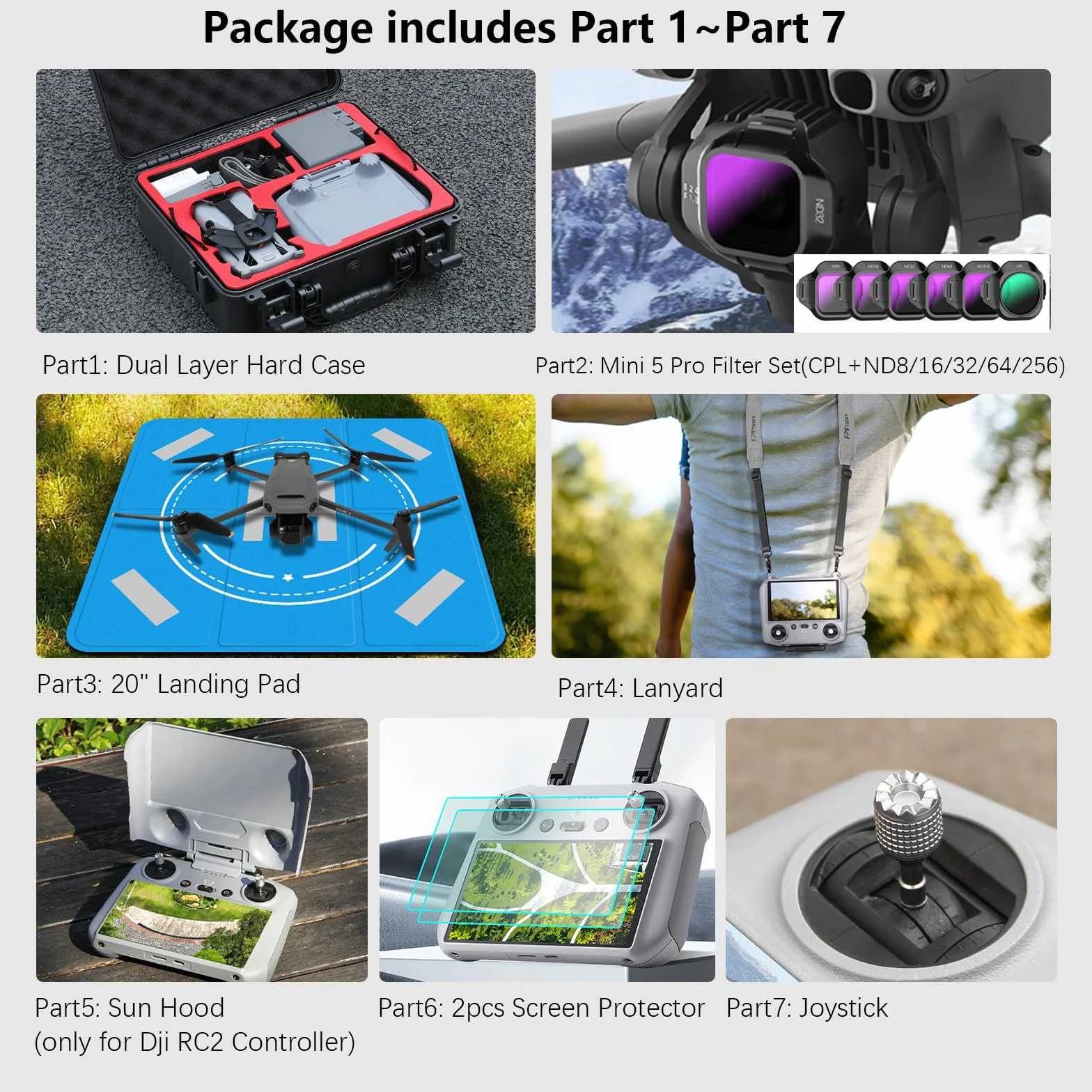 FPVtosky Set di custodia rigida per DJI Mini 5 Pro, kit di accessori per droni include custodia a doppio strato, parasole RC2, cordino, protezione schermo in vetro temperato RC2, tappetino di