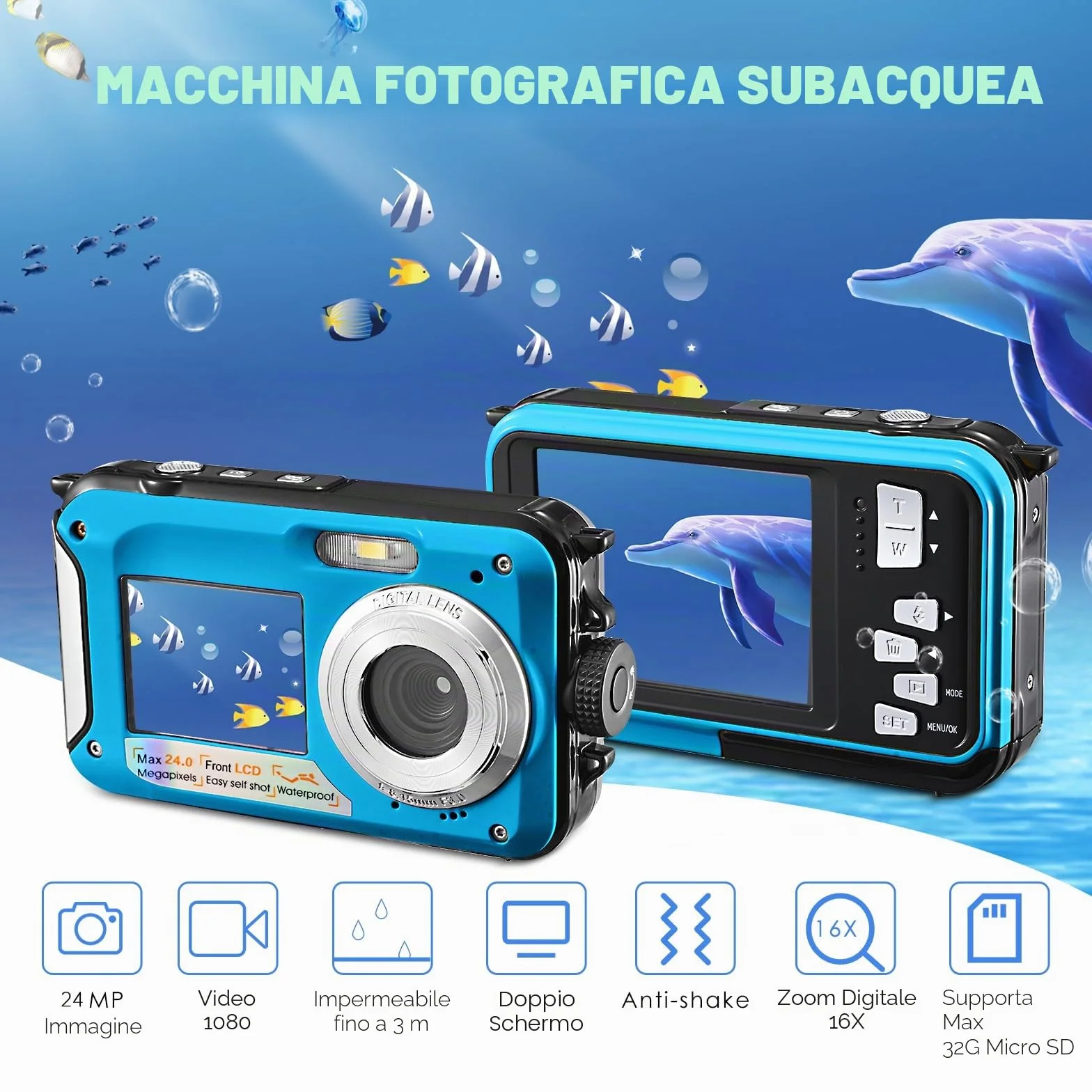 Fotocamera subacquea, Full HD 2.7K 24MP fotocamera digitale impermeabile, fotocamera compatta impermeabile 10FT, zoom digitale 16X, autofocus, fotocamera anti-shake per bambini, adolescenti
