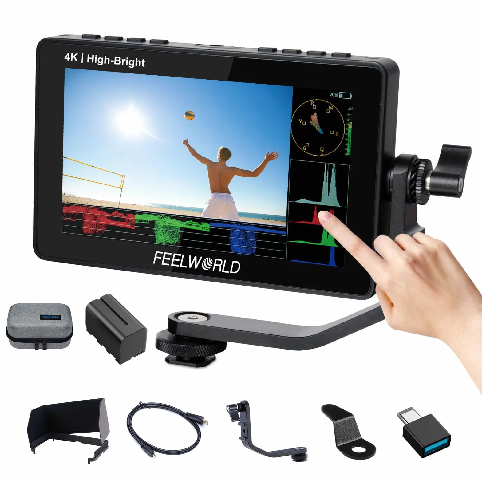 FEELWORLD F5PROX Monitor da Campo Fotocamera con Schermo Touch 1600Nit 5,5 Pollici 4K HDMI DSLR Video Camera Monitor con Borsa per Fotocamera F750, Ingresso di Tipo C, 3DLUT, Focus Peaking, Istogrammo
