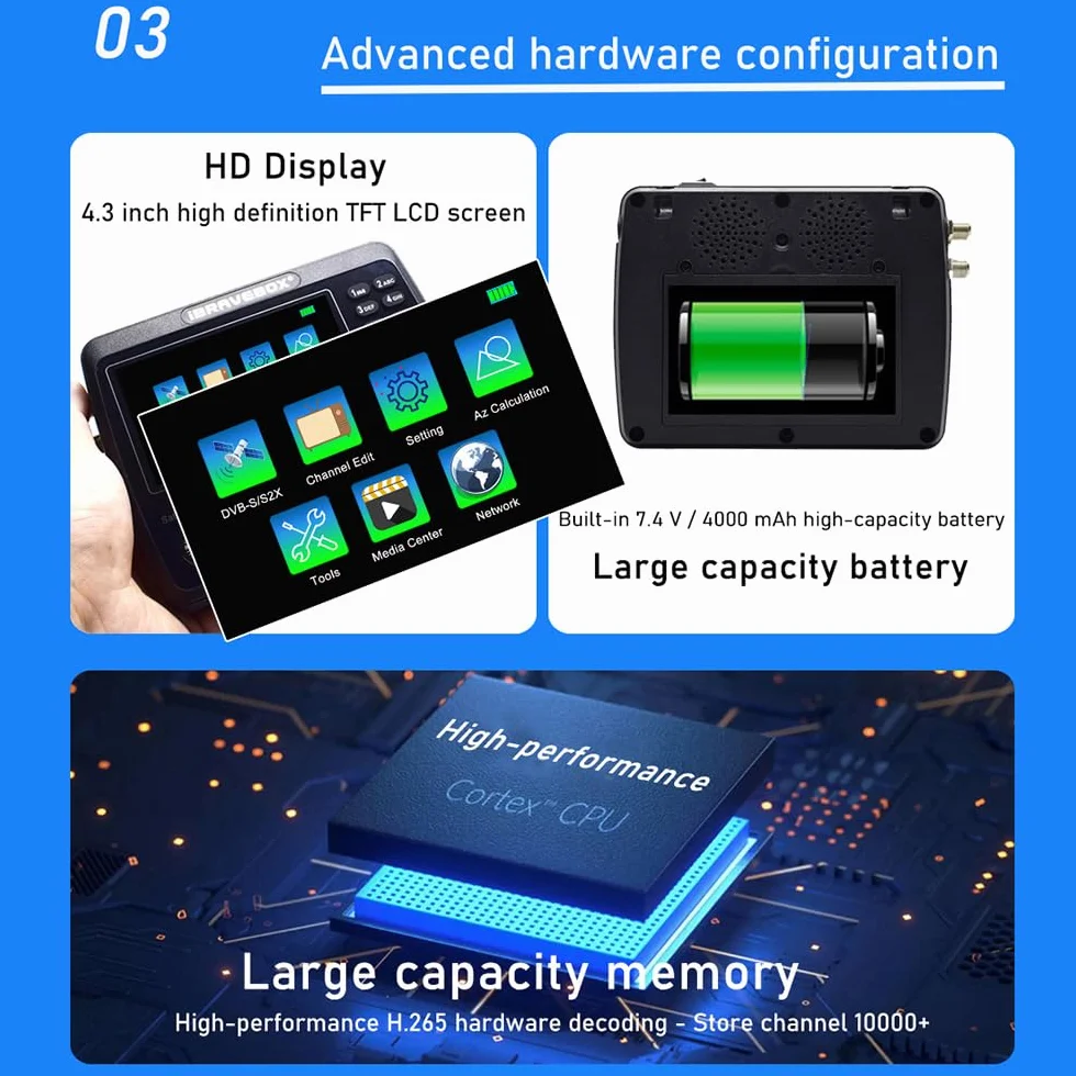 Jemora V10 Finder Max HD Satellite TV Signal Finder DVB-S/S2/S2X Digital Handheld Signal Meter Satellite Finder H.265 LCD da 4,3 pollici per la regolazione della parabola satellitare
