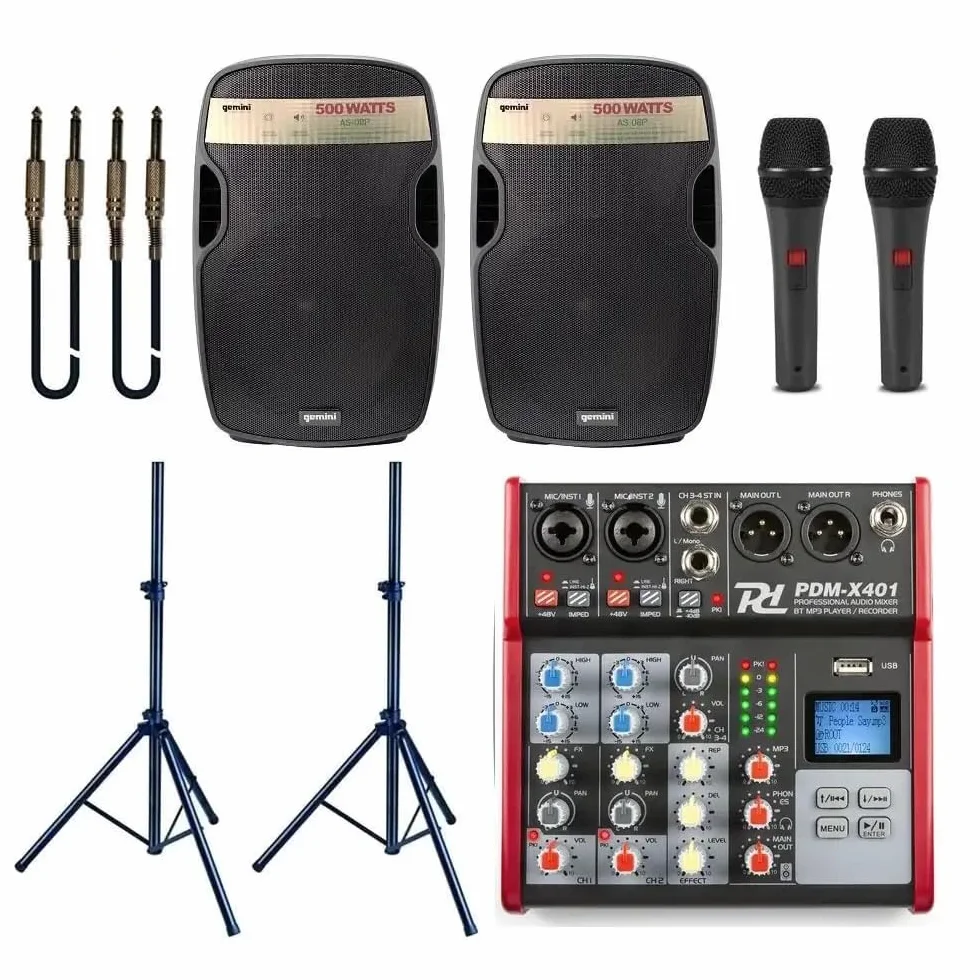 IMPIANTO AUDIO 835 PACK professionale con mixer, diffusori, supporti, 2 microfoni e cavi