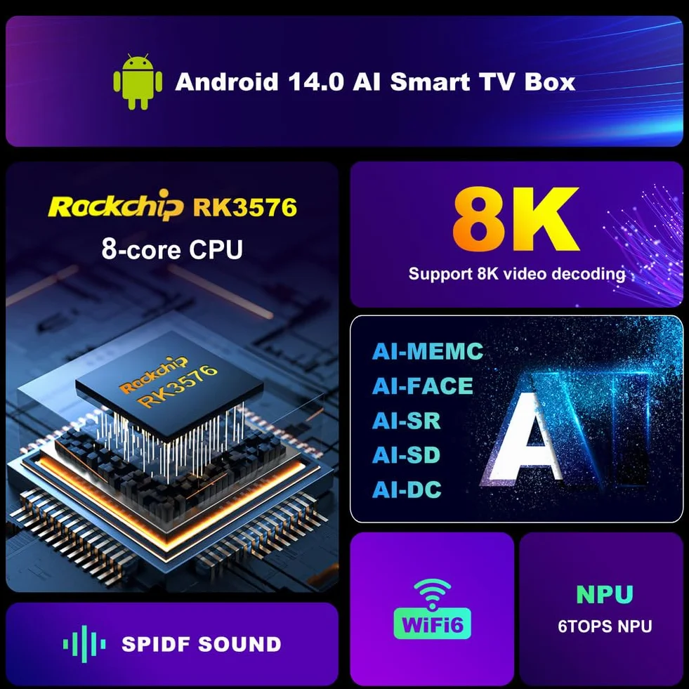 Android 14.0 TV Box 8 GB RAM 128GB Rom, 2025 TV Box Android Wi-Fi 6 2,4 g/5,8G 1000M Ethernet 8K/4K H728 Octa Core BT 5.0 USB 3.0 con Tastiera Mini Wireless,8gb+128gb
