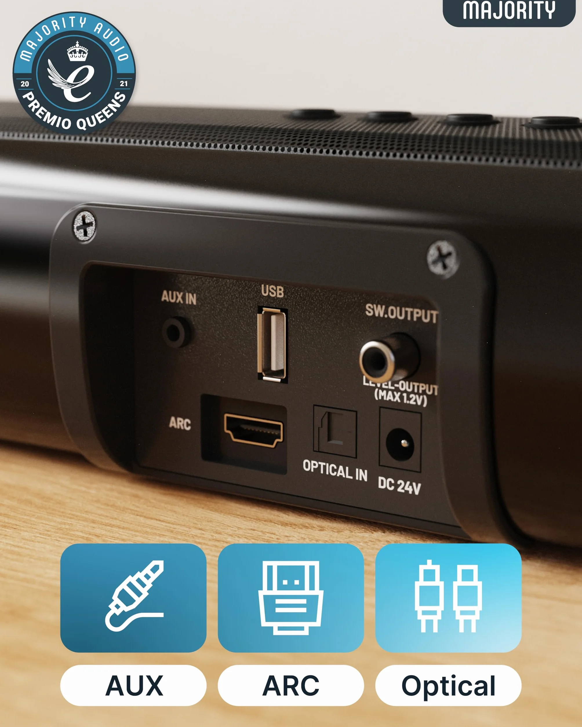 Majority Naga 80 Soundbar Bluetooth per TV | Barra Audio 2.2 Canali 140W con Subwoofer Integrato | HDMI ARC, Ottico, AUX, USB | Soundbar per Smart TV con Suono Surround 3D