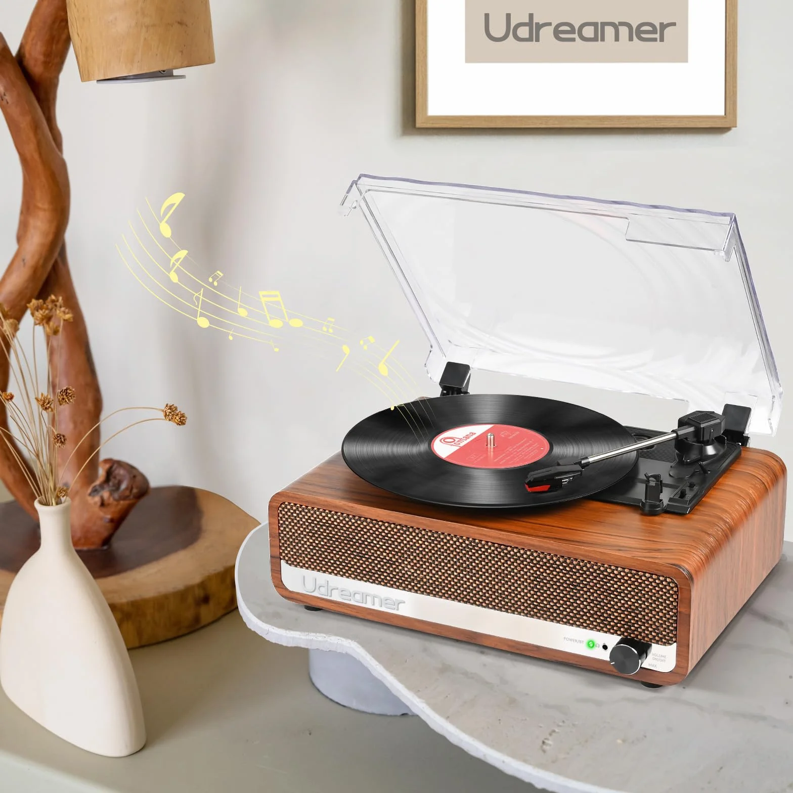 Udreamer Giradischi Bluetooth con Altoparlante, USB, AUX-in, Cuffie, RCA, Line-Out, 3 Velocità, Cinghia, Auto-Stop, Design Specchio, Arancione Giallo