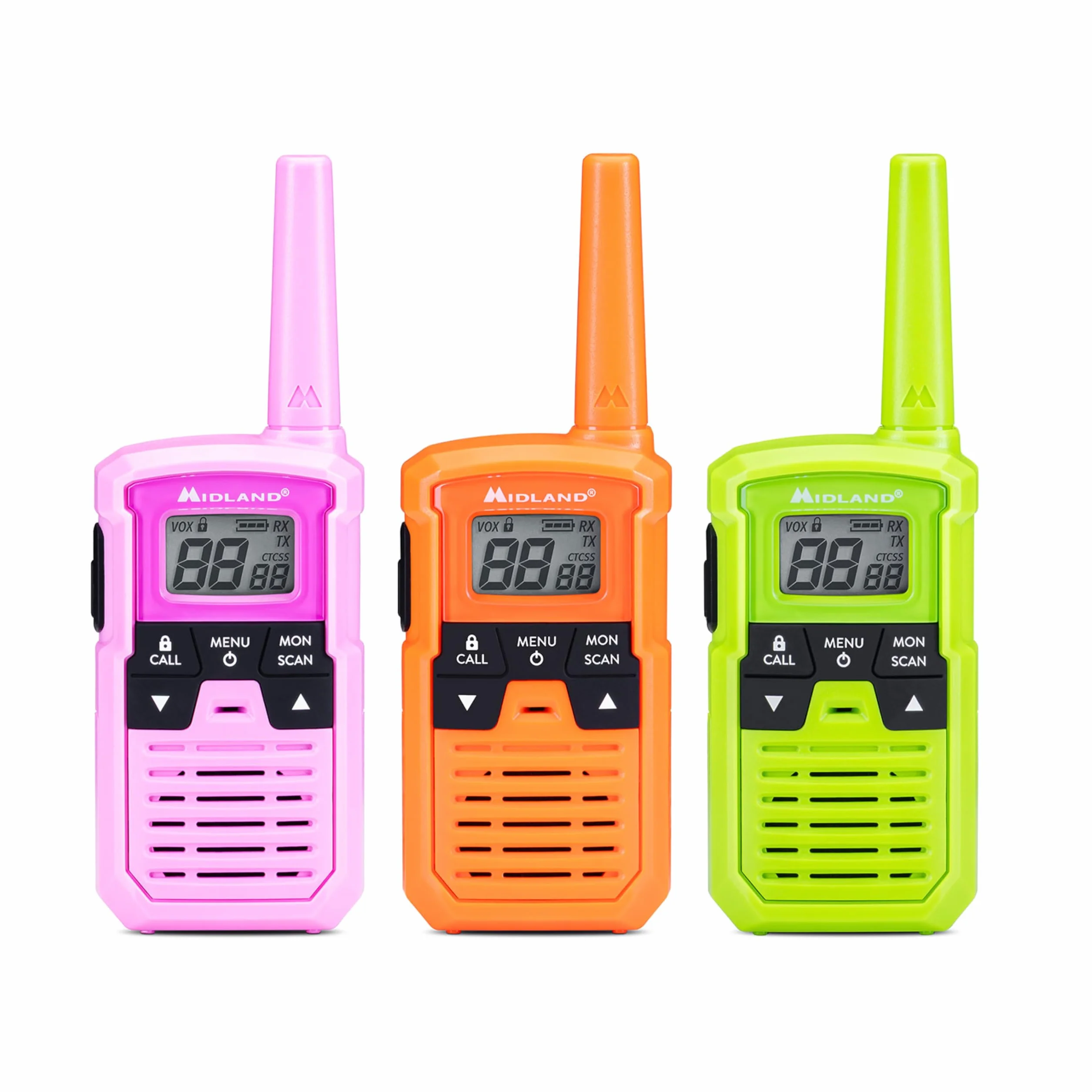 Midland - Walkie Talkie per Famiglie XT10 PRO Multicolor, 3 Radio Ricetrasmittenti per Esterno e Famiglia - 16 Canali PMR446 Senza Licenza, 20H/4km, 38 Toni CTCSS, VOX, SCAN, Call, Batterie AAA