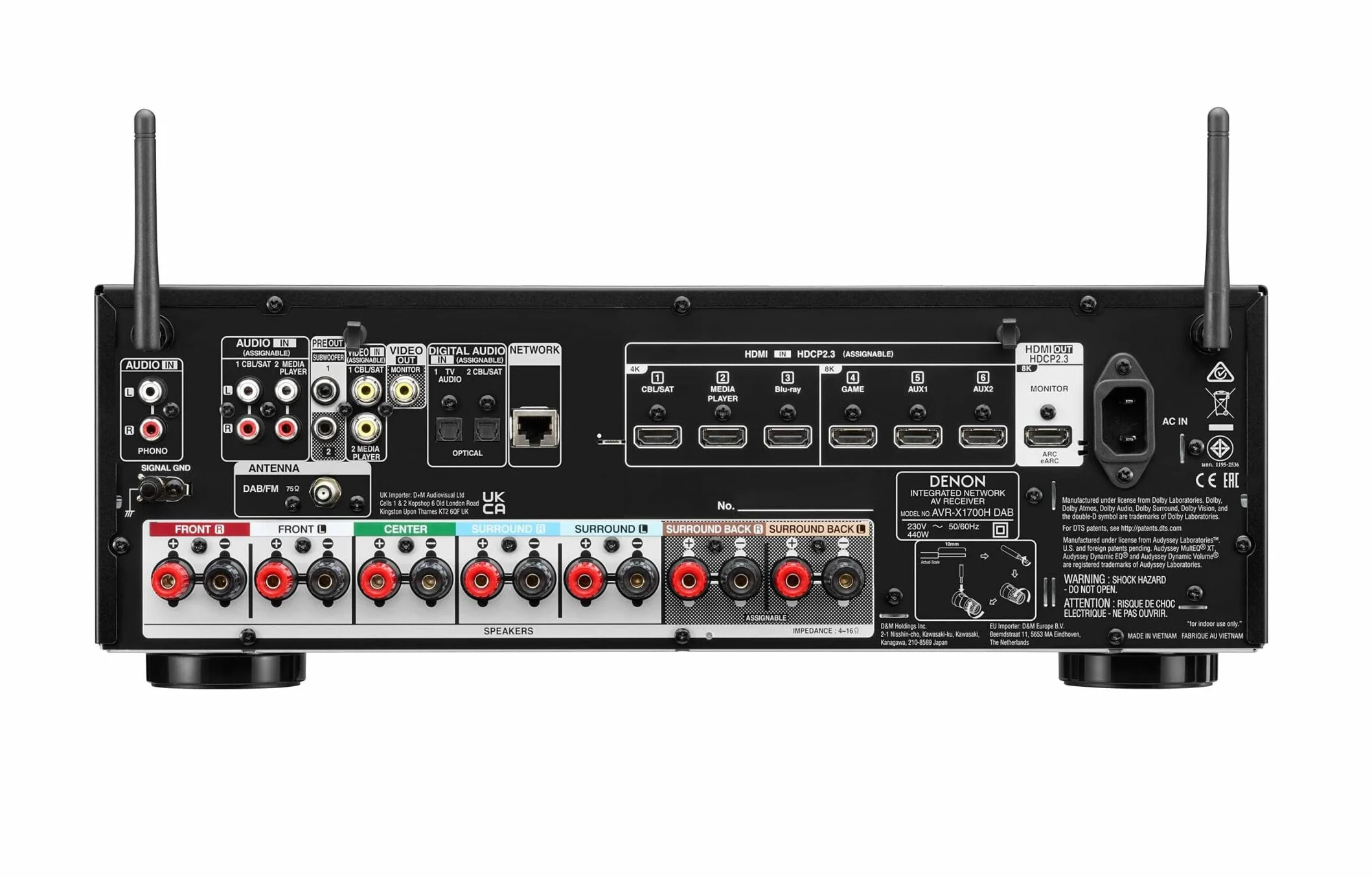 DENON AVR-X1700HDAB, Ricevitore AV a 7.2 canali, amplificatore HiFi con Dolby Atmos, DTS:X, 6 ingressi HDMI e 1 uscita, 8K HDMI, Bluetooth, WLAN, AirPlay 2, HEOS Multiroom, compatibile con Alexa