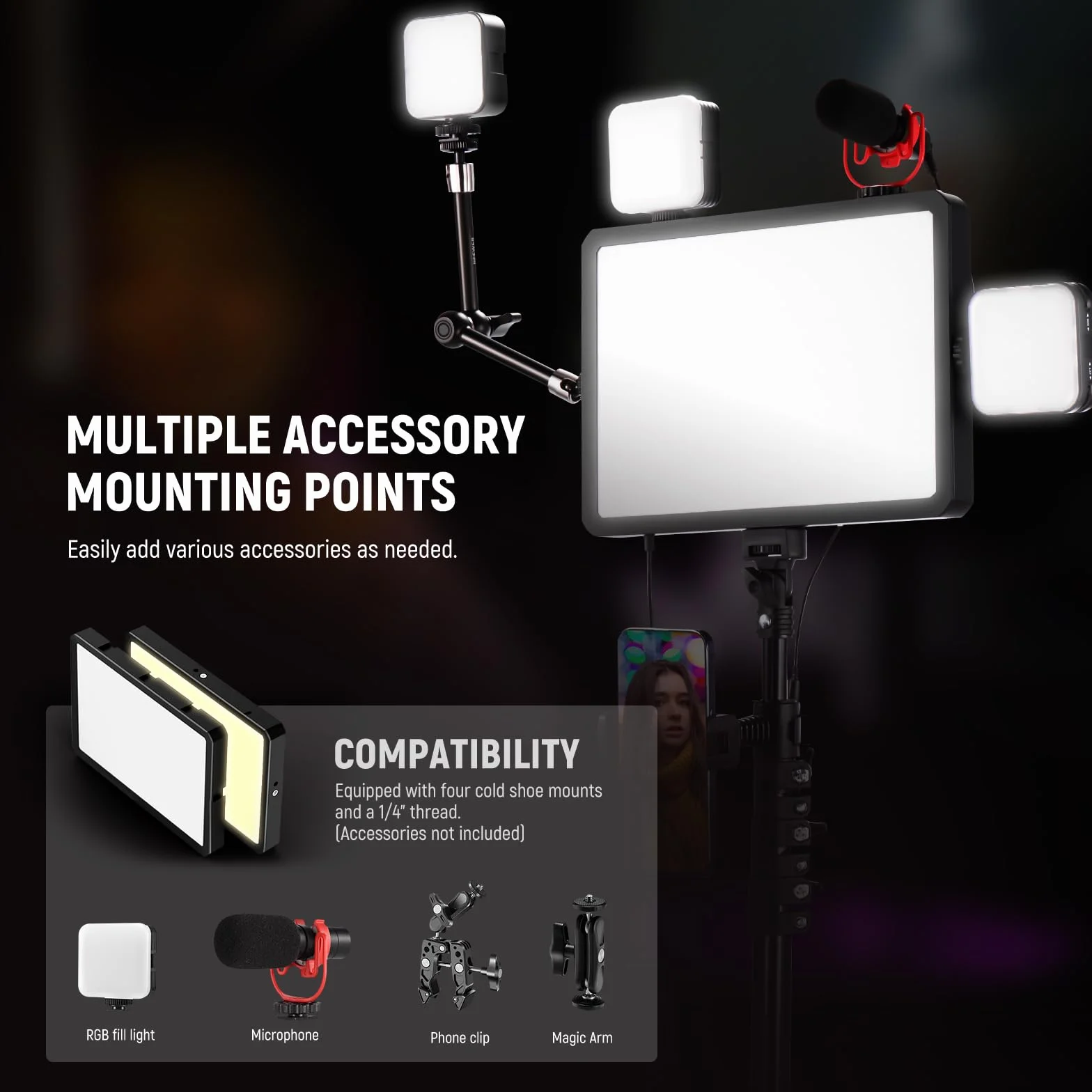 NEEWER BASICS Kit di Pannello Luce Video LED Basic (2pz) con 2 Stativi 59'' e 2 Portatelefono, Luce da Studio Dimmerabile Bicolore 2700-6500K 850lx/0,5m per Fotografia Riprese Live Streaming, BP300