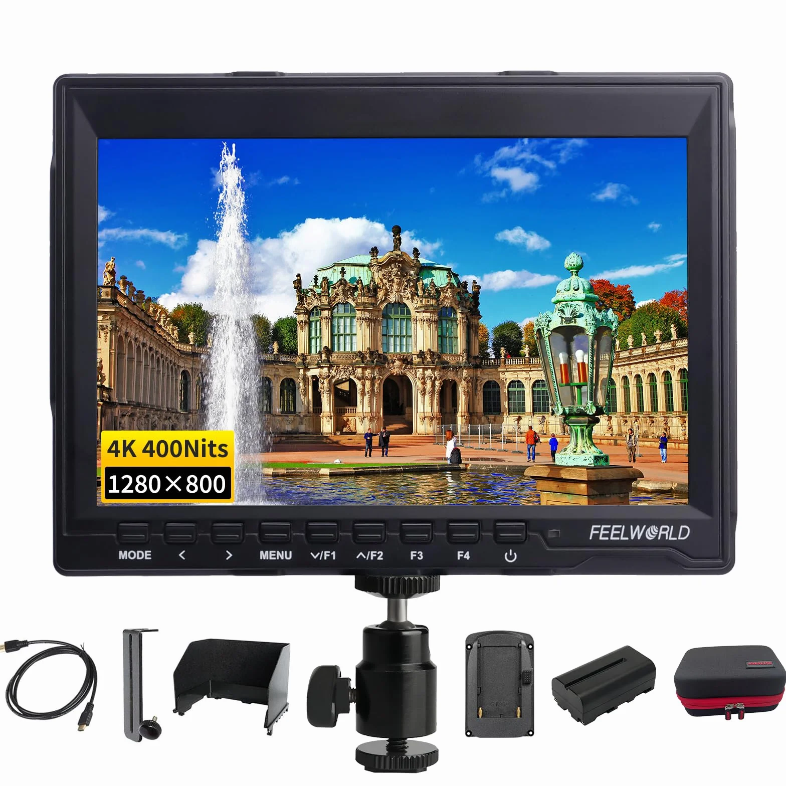 FEELWORLD FW759 Monitor da campo per fotocamera da 7 pollici, monitor da campo per DSLR 1280X800 IPS con messa a fuoco Full HD Video 4K Uscita ingresso HDMI Batteria 2800mAh Custodia di stoccaggio