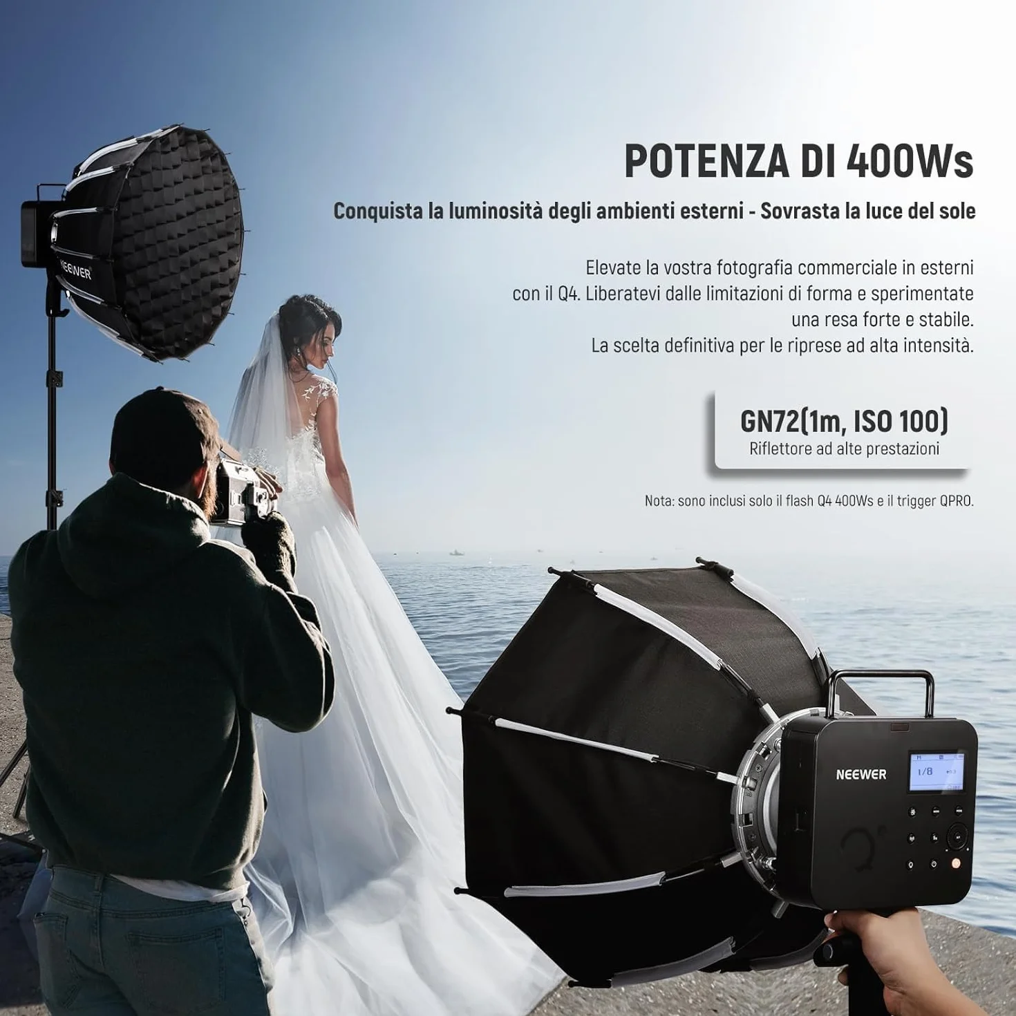 NEEWER Q4 400Ws Flash Strobo per Studio Esterno 2,4 G TTL e Trigger QPRO-S Compatibile con Sony, 1/8000 HSS/30W Lampada per Book Fotografici/400 Piena Potenza/Batteria 21,6V 2800mAh per Fotografia