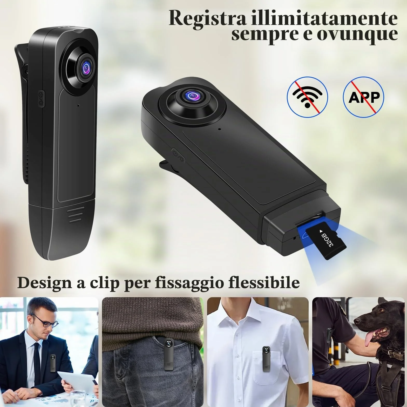 Bodycam HD 1080P , Piccola Telecamera Spia , Bodycam con Audio e Video Mini Fotocamera per il Corpo con Visione Notturna e Rilevamento del Movimento Per Sicurezza, Guardia ( con Memoria da 32 GB)