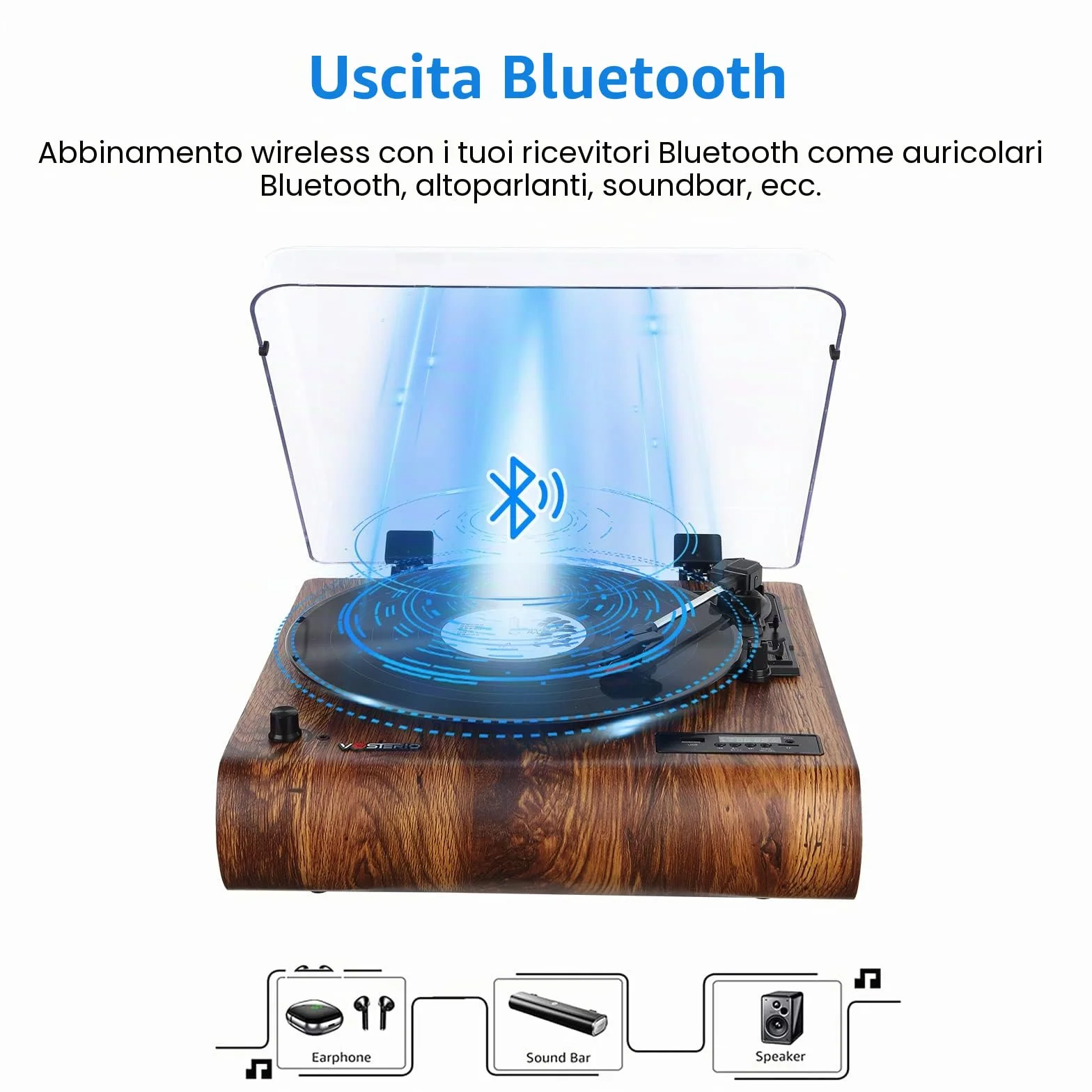 Vosterio Vinile Giradischi Bluetooth Portatile a Tre Velocità,Vintage con Altoparlanti Stereo Integrati, con Uscite RCA, Presa Cuffie, Radio FM, USB, Aux-in e display a LED